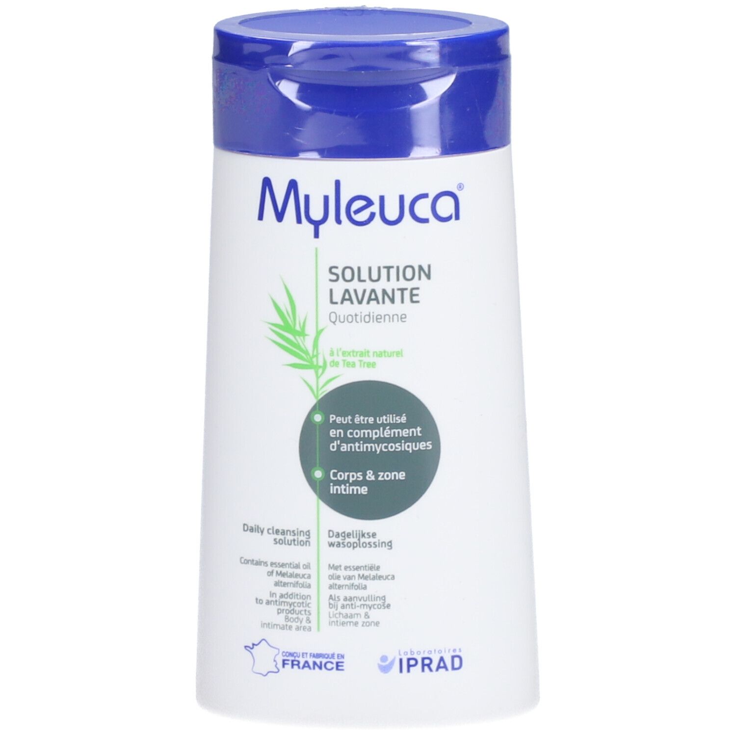 Flacon blanc et bleu avec le nom du produit Myleuca et l'inscription 'Solution Lavante'.