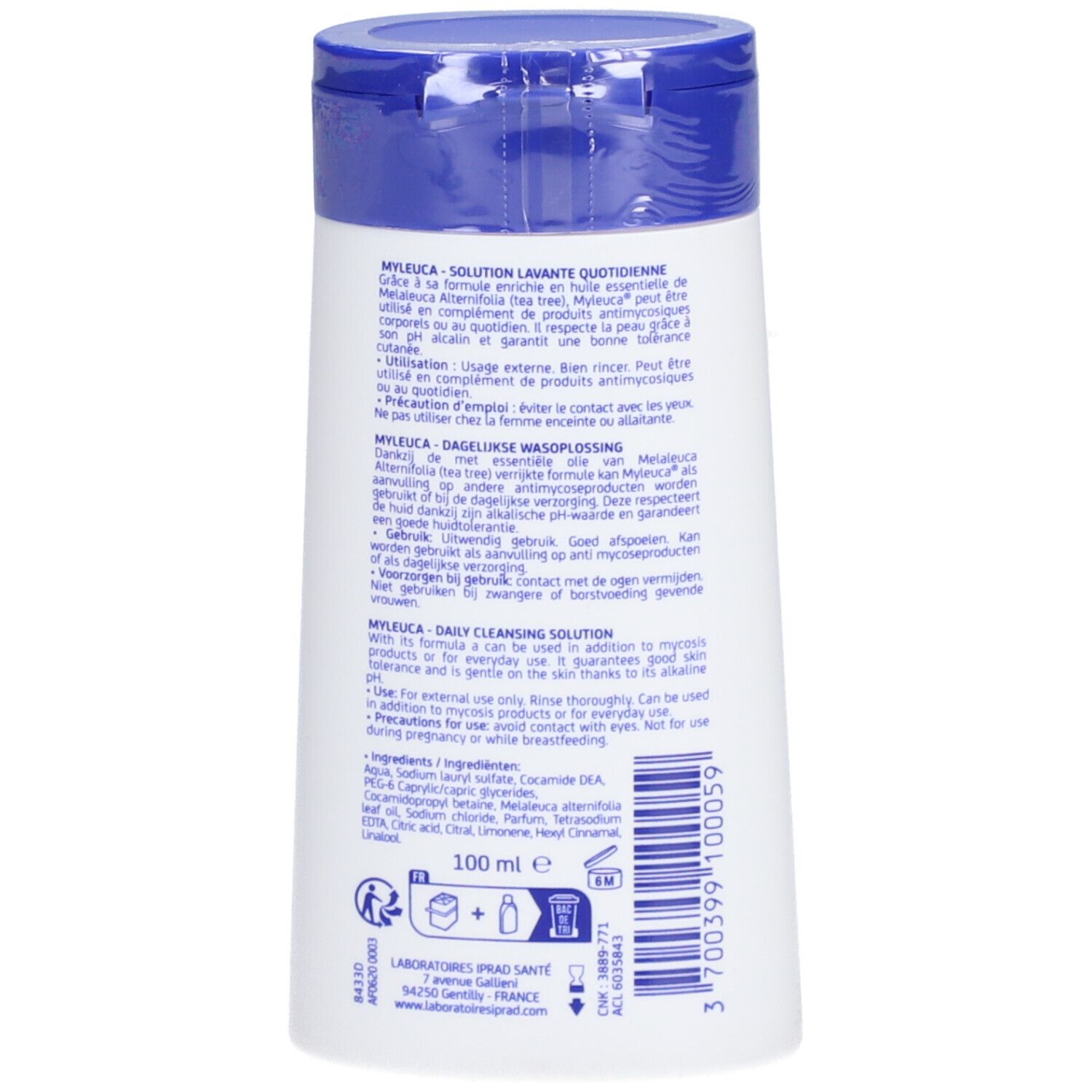Dos du flacon. Texte en plusieurs langues. Nom du produit Myleuca et ingrédients.