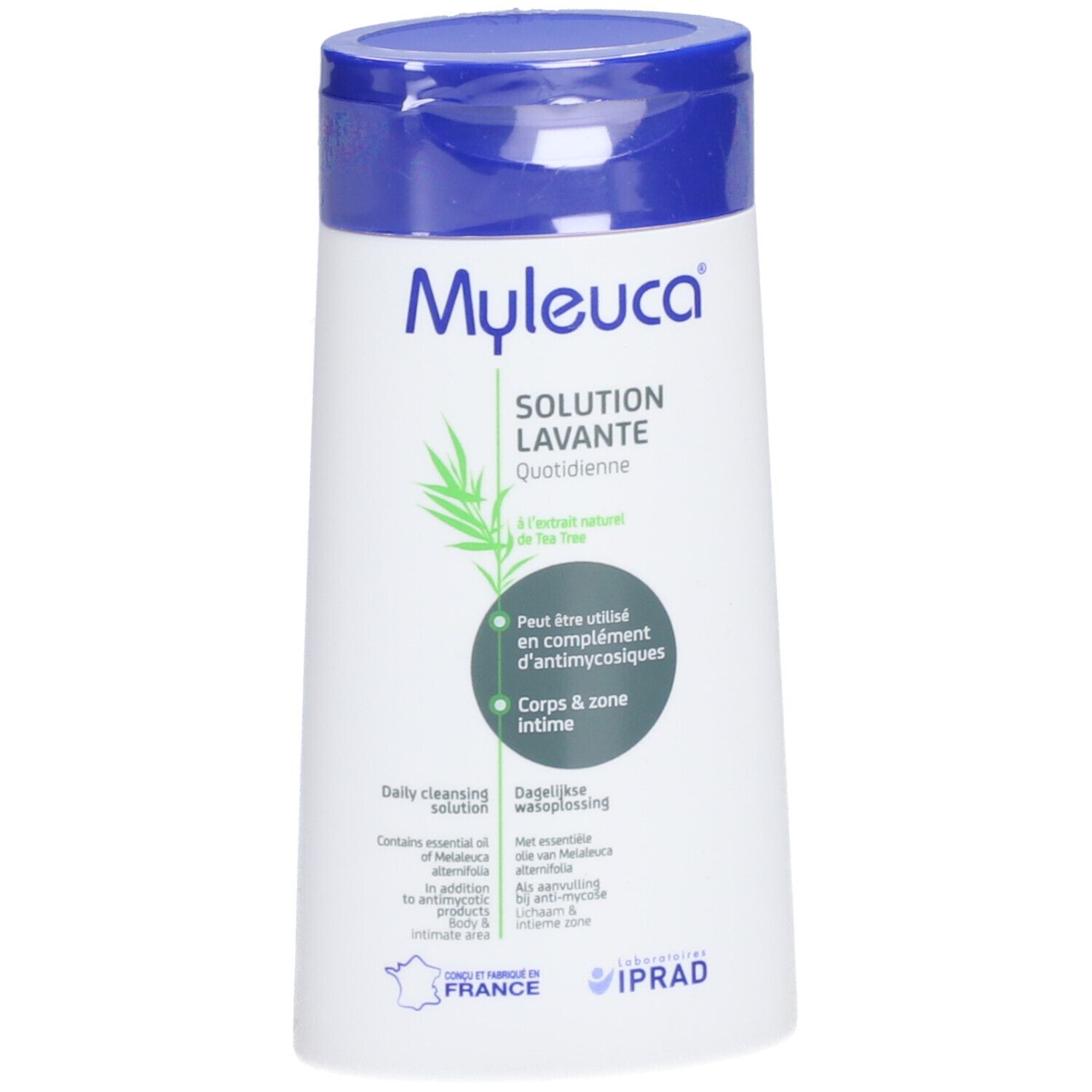 Flacon blanc et bleu avec le nom du produit Myleuca et l'inscription 'Solution Lavante'.