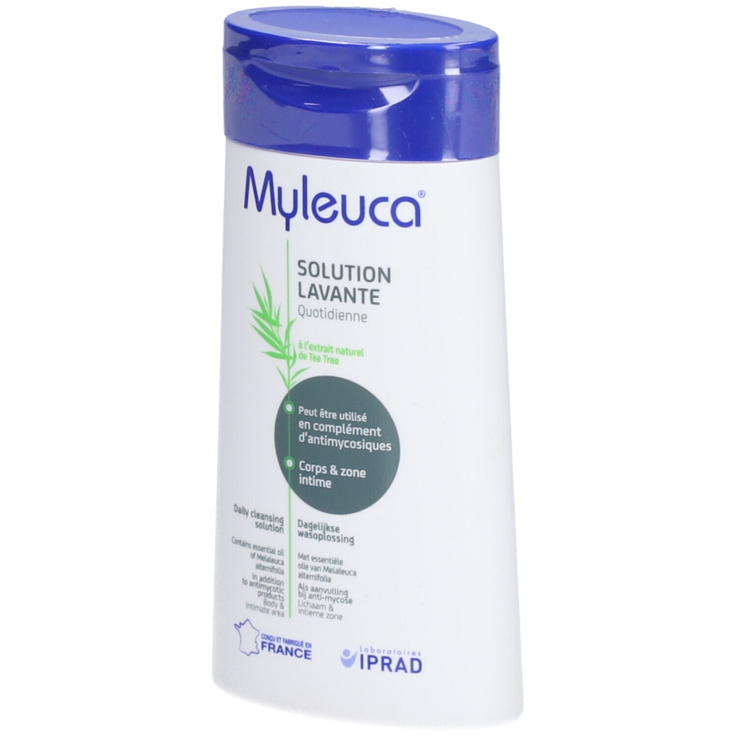 Flacon blanc et bleu avec le nom du produit Myleuca et l'inscription 'Solution Lavante'.