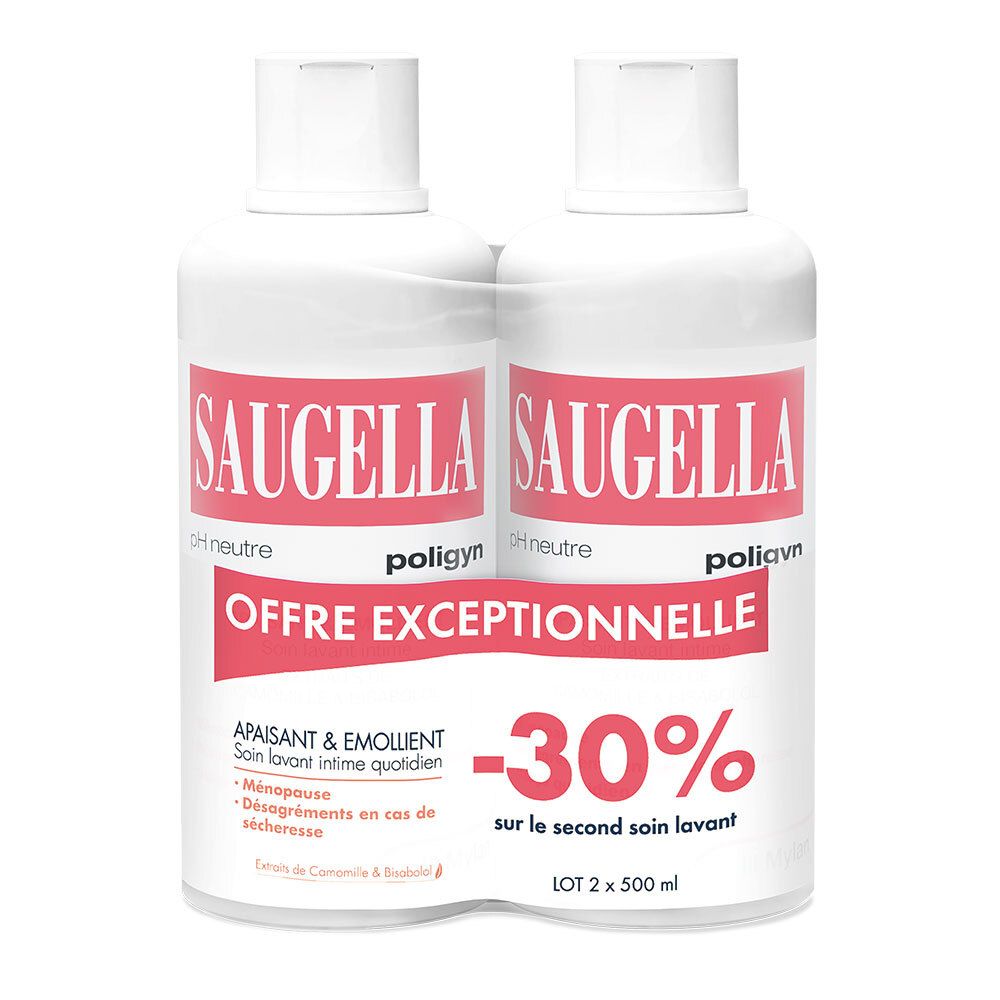 Deux flacons SAUGELLA Poligyn. Étiquette rose, bouchon blanc. Inscription: -30% sur le second soin lavant.