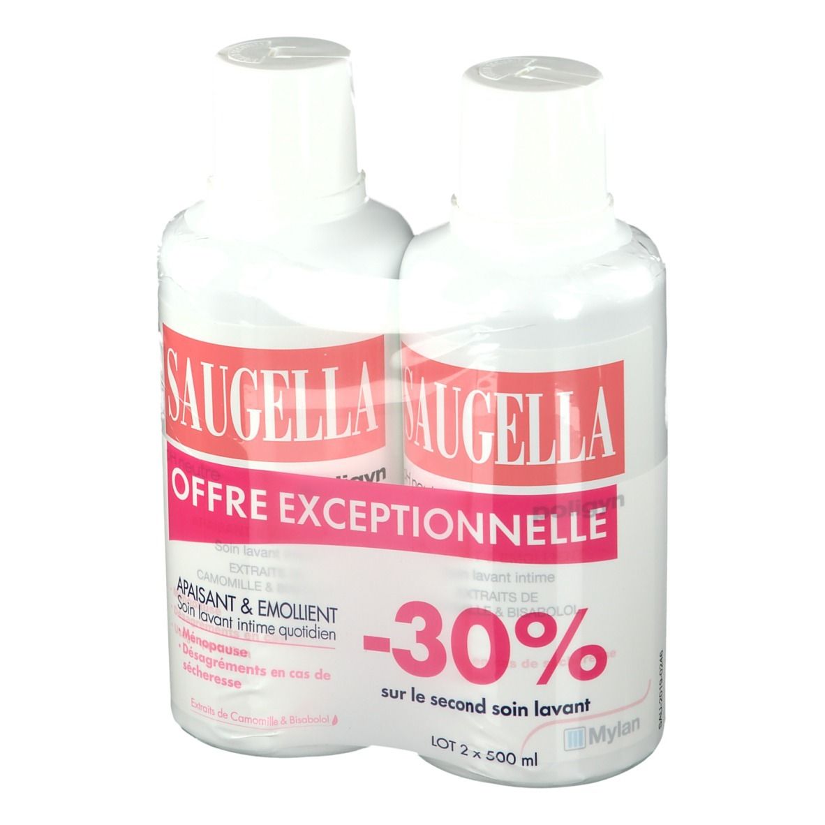 Deux flacons SAUGELLA Poligyn. Étiquette rose, bouchon blanc. Inscription: -30% sur le second soin lavant.