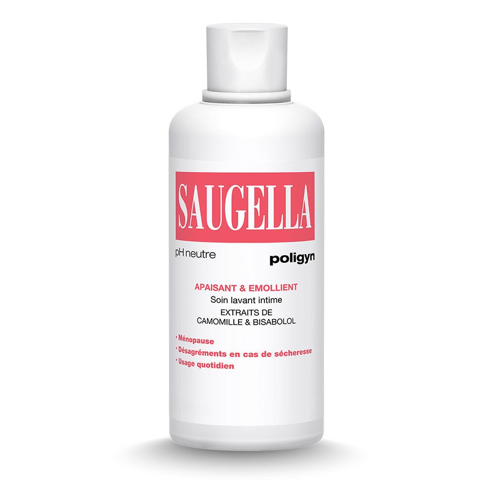 Flacon blanc SAUGELLA Poligyn. Étiquette rose, bouchon blanc. Texte: pH neutre, Apaisant & Emollient.