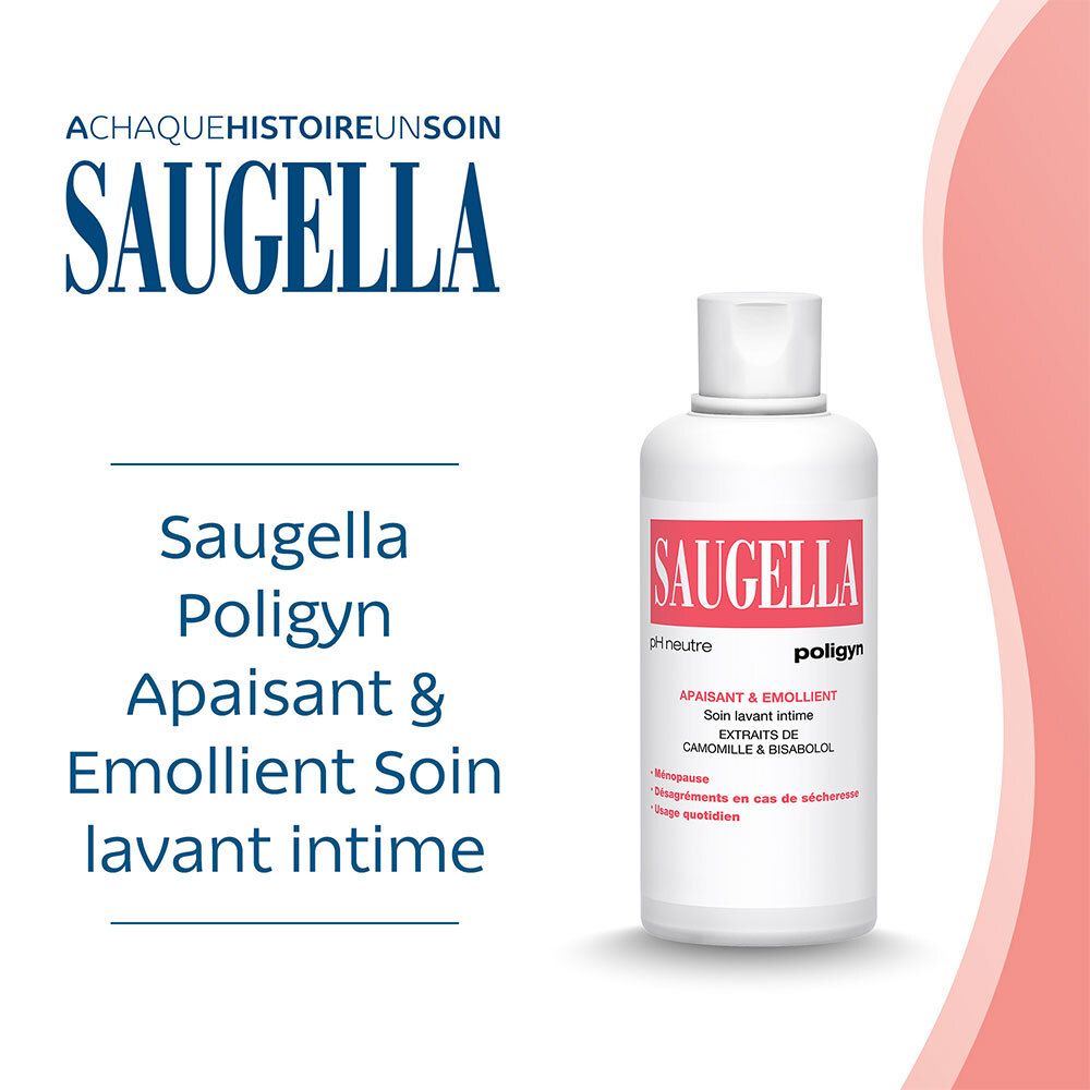 Flacon SAUGELLA Poligyn. Étiquette rose, bouchon blanc. Texte: A chaque histoire un soin. Fond blanc.