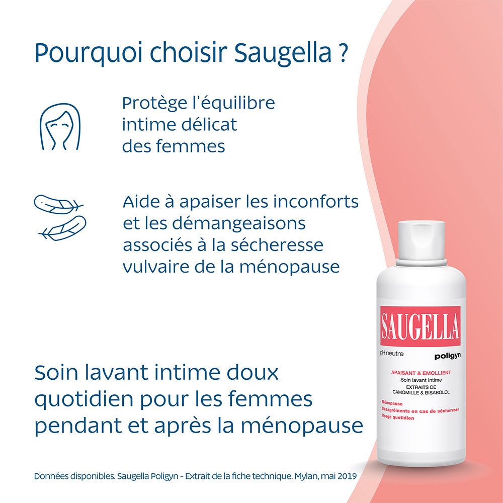 Flacon SAUGELLA Poligyn. Étiquette rose, bouchon blanc. Texte: Pourquoi choisir SAUGELLA ? Fond blanc.