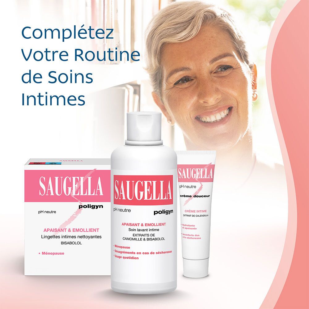 Produits SAUGELLA. Flacon, crème, lingettes. Texte: Complétez votre routine de soins intimes.