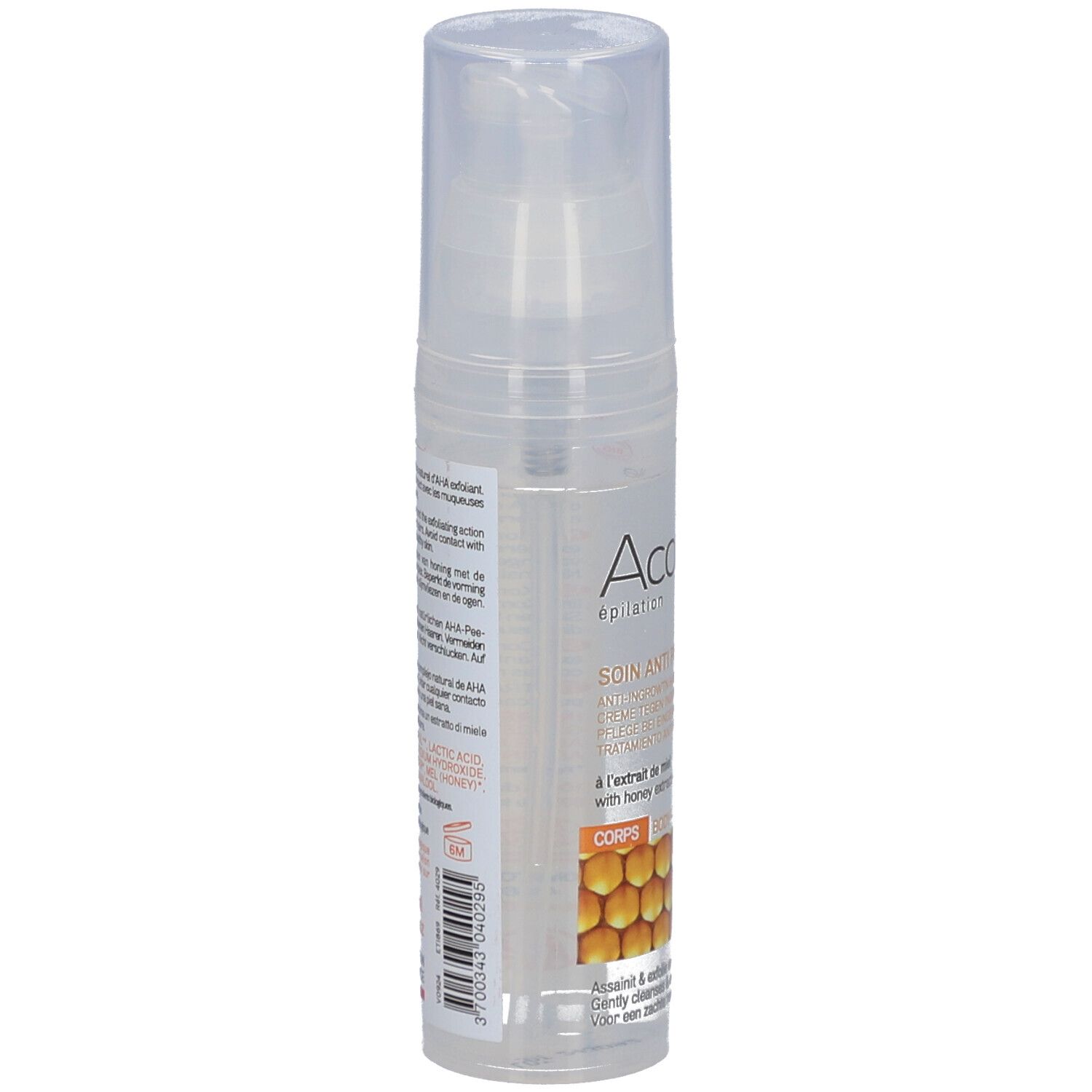 Acorelle Bio-Pflege gegen eingewachsene Haare, Rückseite der 50ml Flasche mit Pumpspender.