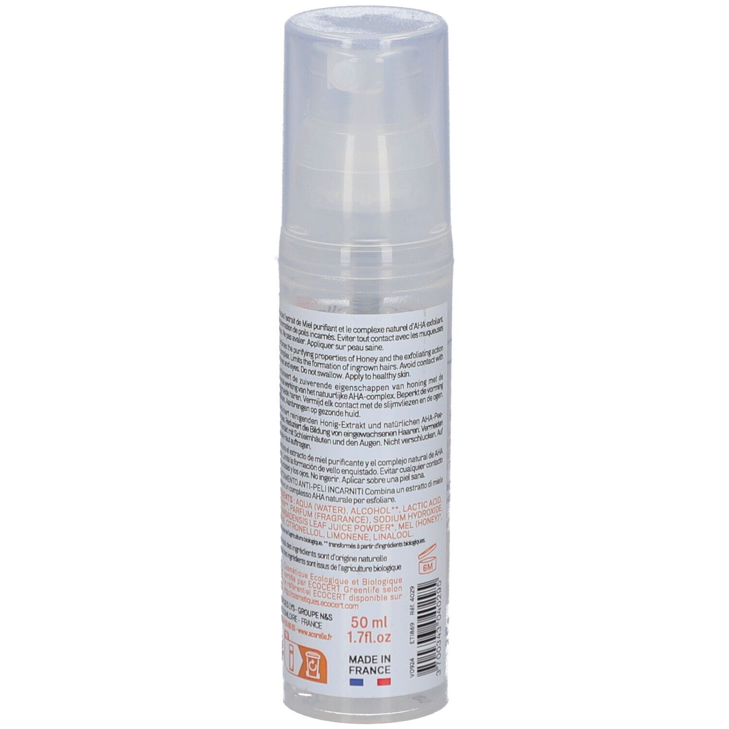 Rückseite der transparenten Flasche. Text in mehreren Sprachen. Aufschrift: 50 ml, 1.7fl.oz. Hergestellt in Frankreich.