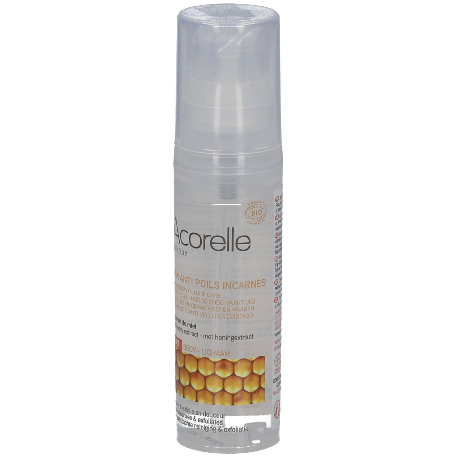 Transparente Flasche mit Sprühkopf. Aufschrift: ACORELLE, SOIN ANTI POILS INCARNÉS. Bio-Zertifizierung.