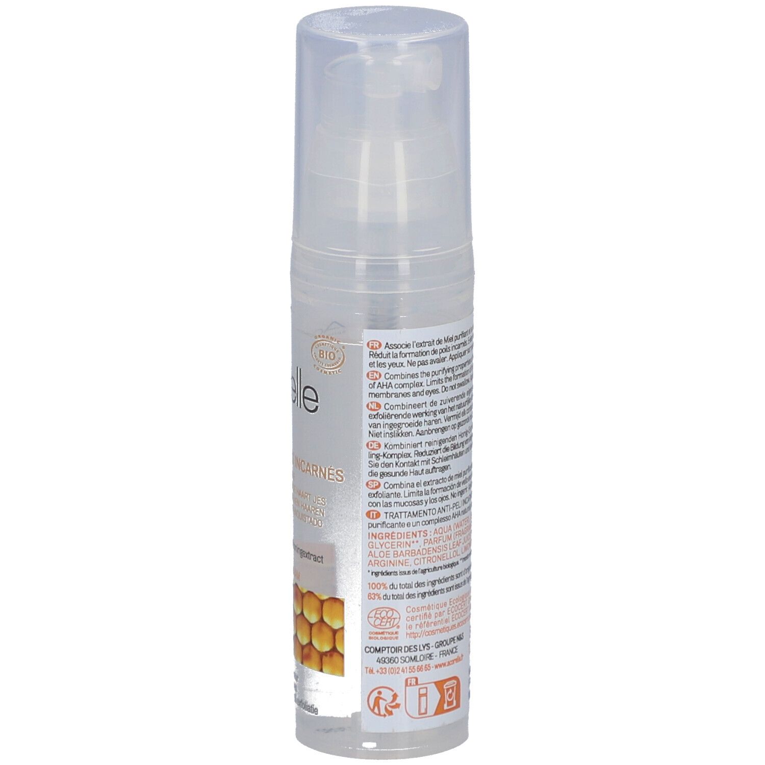 Acorelle Bio-Pflege gegen eingewachsene Haare, Rückseite der 50ml Flasche mit Inhaltsstoffen.
