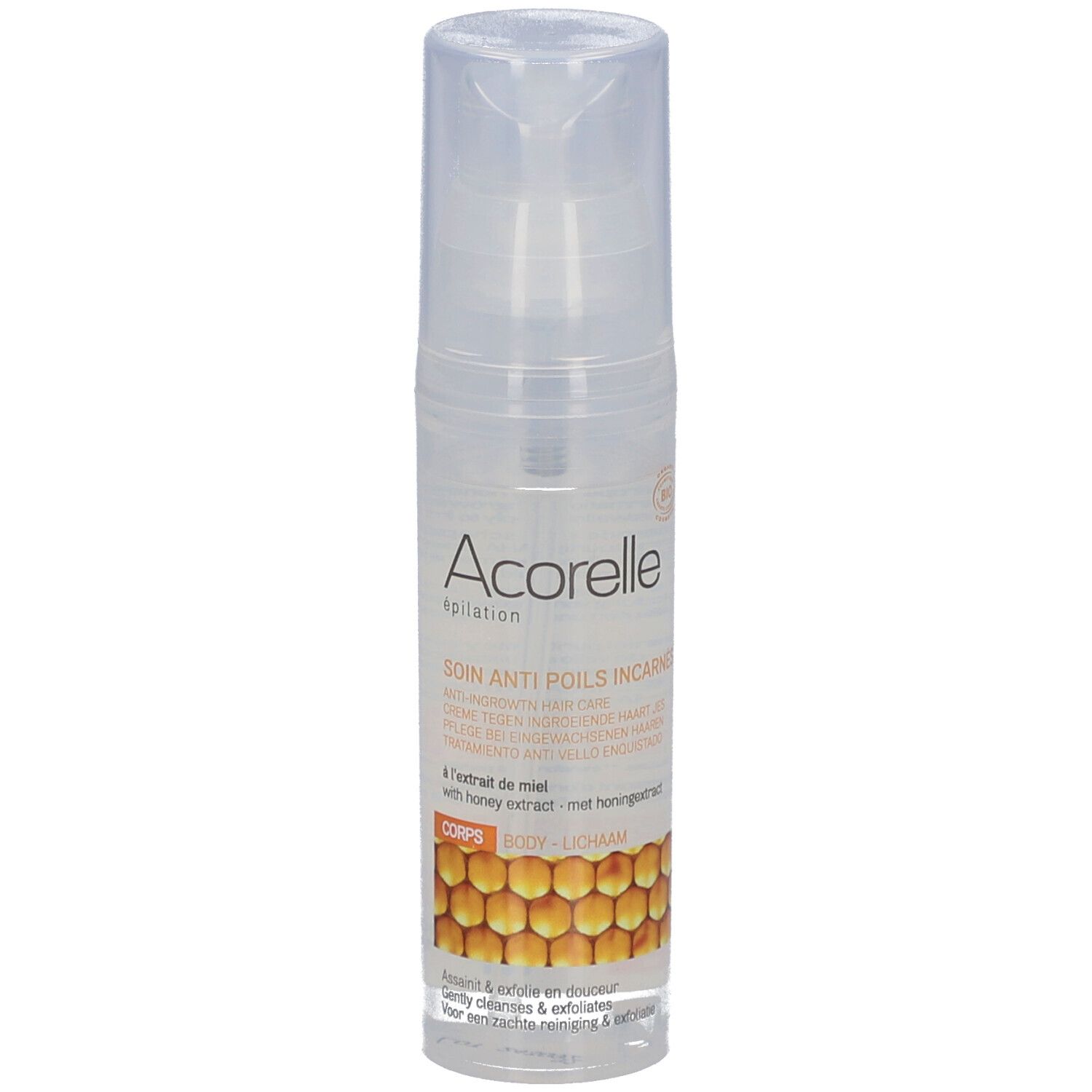 Acorelle Bio-Pflege gegen eingewachsene Haare, 50ml Flasche mit Pumpspender.