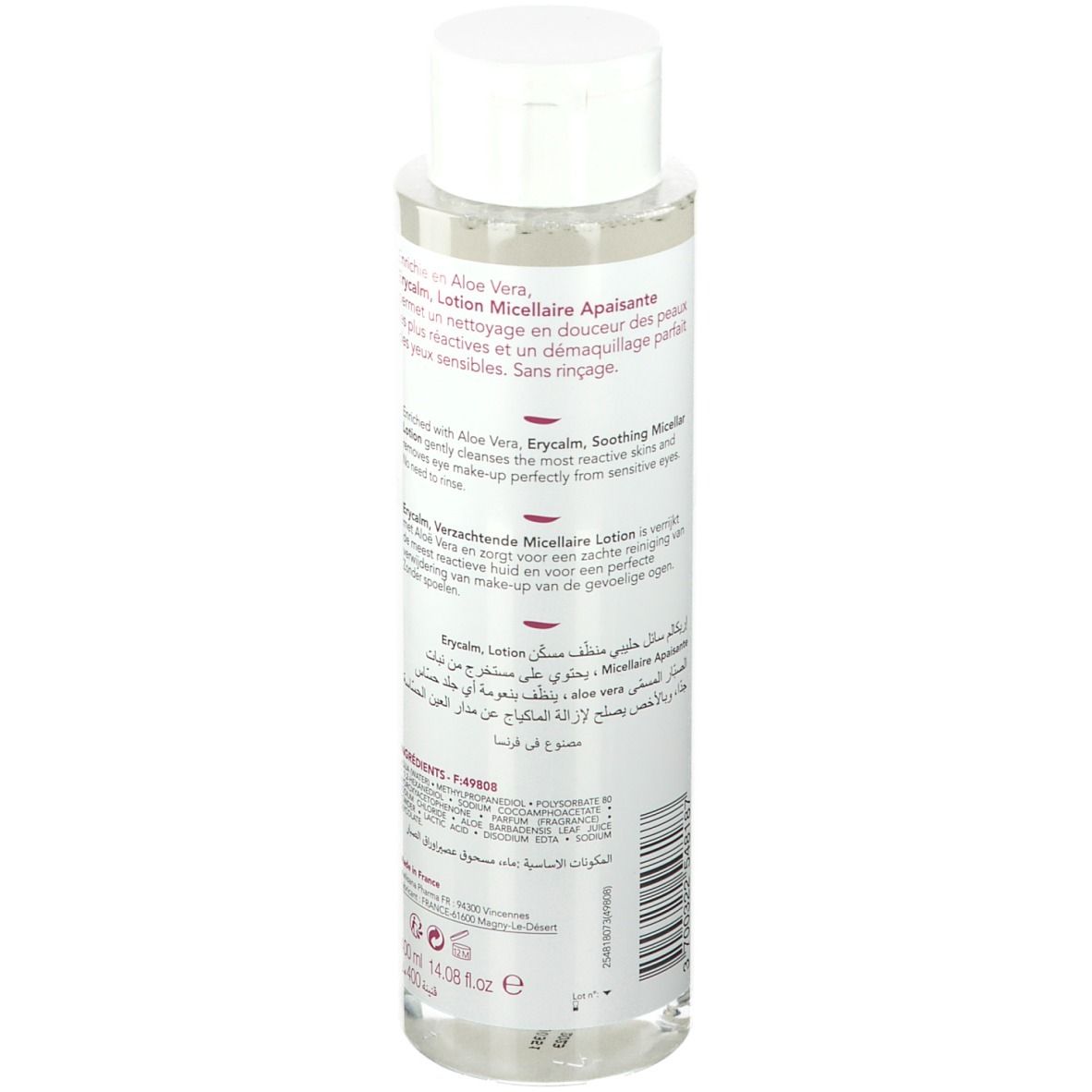 Flacon avec bouchon blanc. Étiquette avec texte multilingue. Inscription: Erycalm, Lotion micellaire apaisante. Avec Aloe Vera.