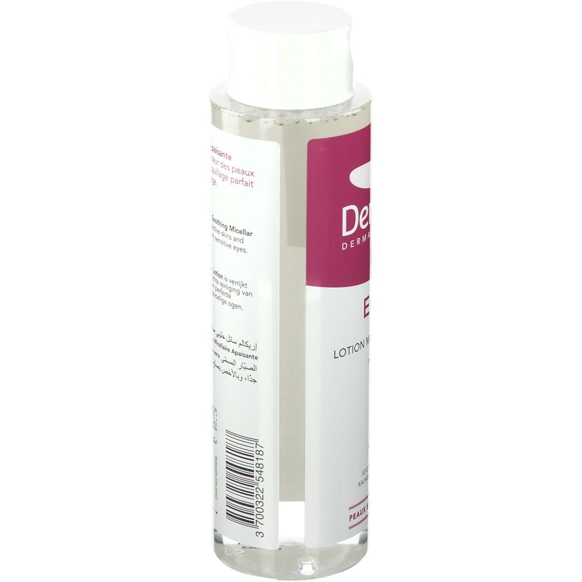 Flacon avec bouchon blanc. Étiquette avec texte multilingue. Inscription: Erycalm, Lotion micellaire apaisante. Avec Aloe Vera.