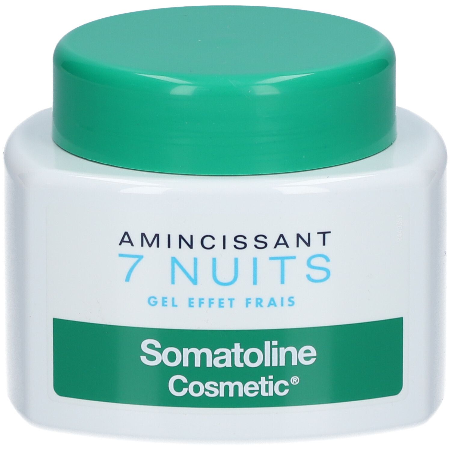 Weißer Tiegel mit grünem Deckel. Aufschrift: Somatoline Cosmetic, 7 Nuits, amincissant, gel frais.