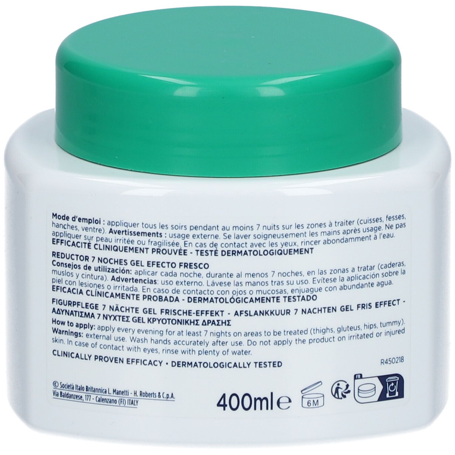Weißer Tiegel mit grünem Deckel. Rückseite mit Text. Aufschrift: Somatoline Cosmetic, 7 Nuits.