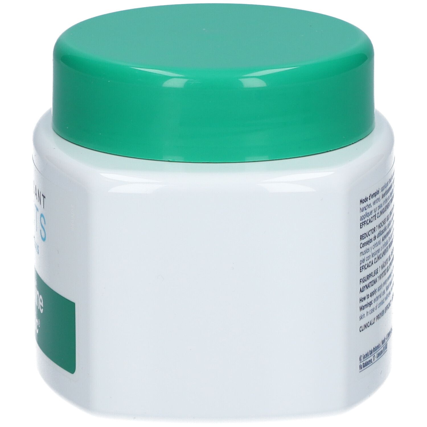 Weißer Tiegel mit grünem Deckel. Aufschrift: Somatoline Cosmetic, 7 Nuits, amincissant, gel frais.