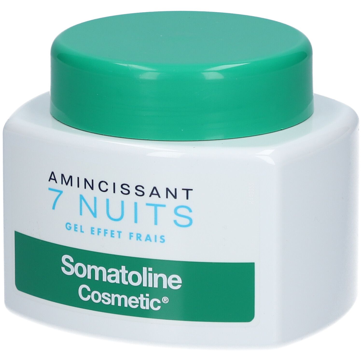 Weißer Tiegel mit grünem Deckel. Aufschrift: Somatoline Cosmetic, 7 Nuits, amincissant, gel frais.