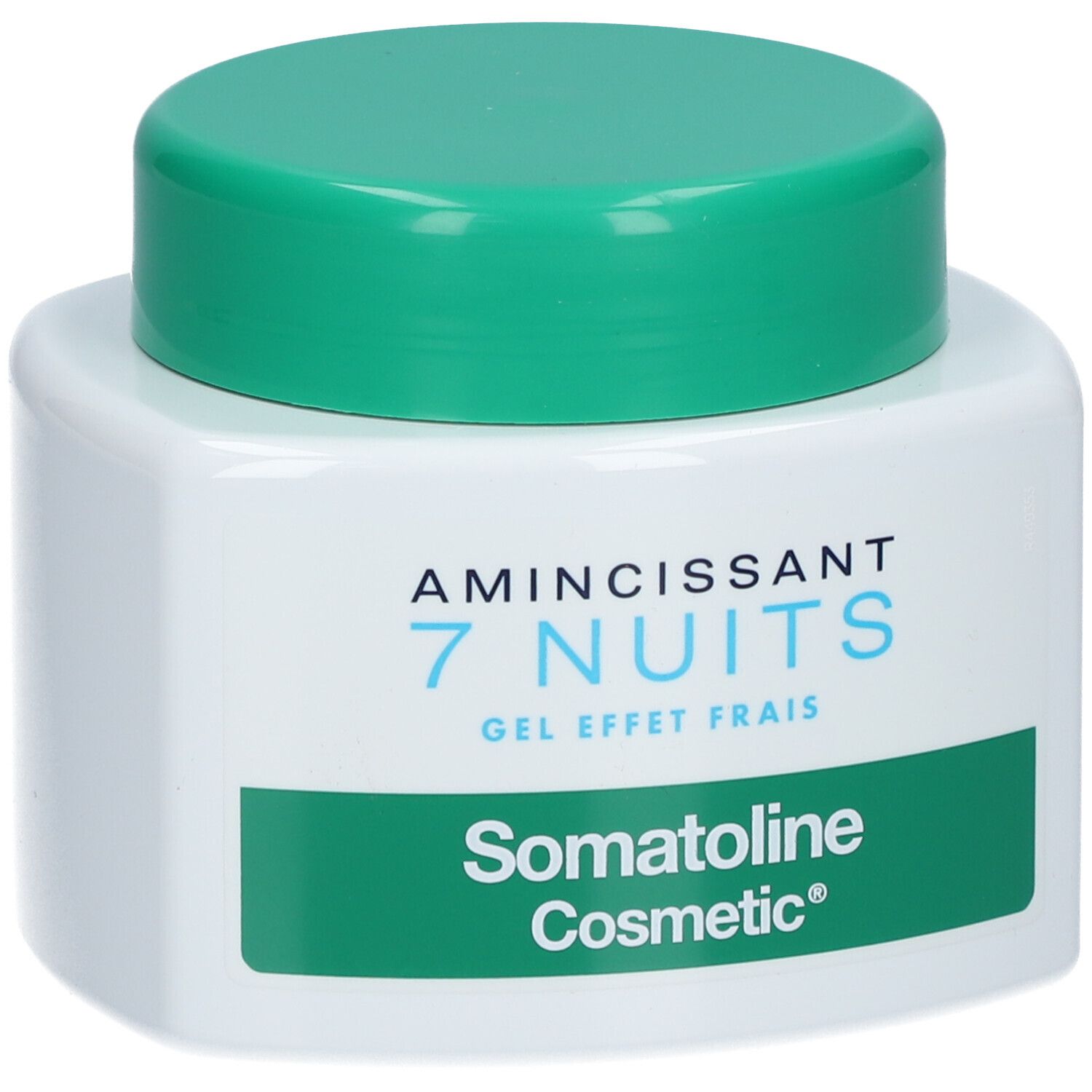 Weißer Tiegel mit grünem Deckel. Aufschrift: Somatoline Cosmetic, 7 Nuits, amincissant, gel frais.