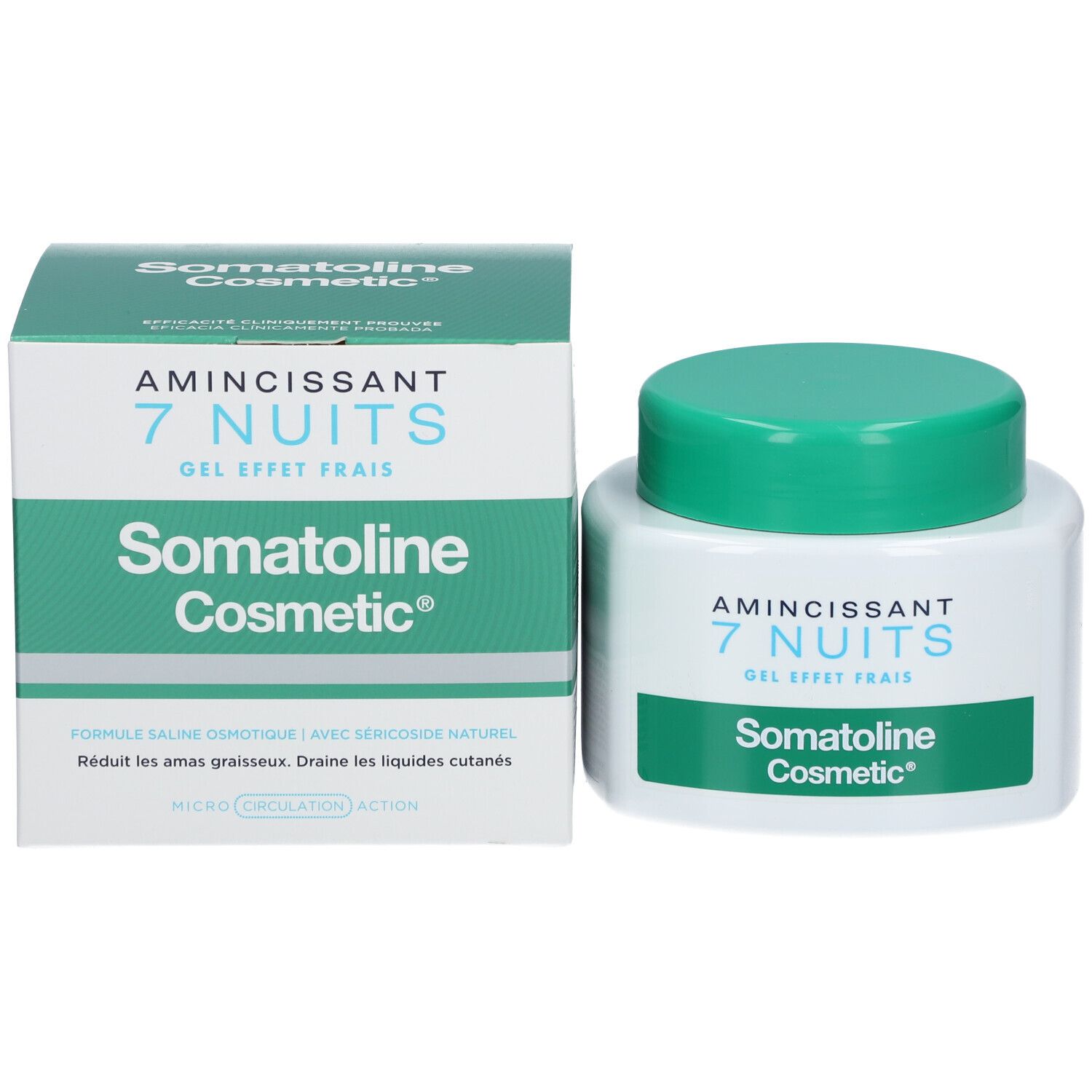 Produktverpackung und Tiegel. Aufschrift: Somatoline Cosmetic, 7 Nuits, amincissant, gel frais.