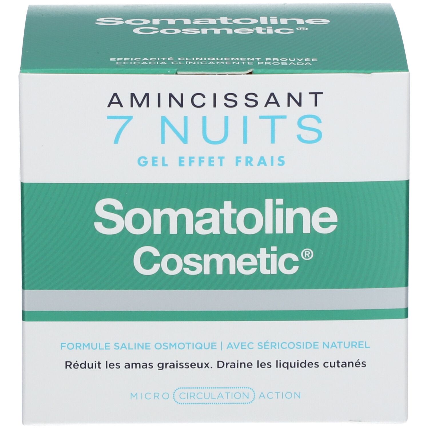 Produktverpackung. Aufschrift: Somatoline Cosmetic, 7 Nuits, amincissant, gel frais.