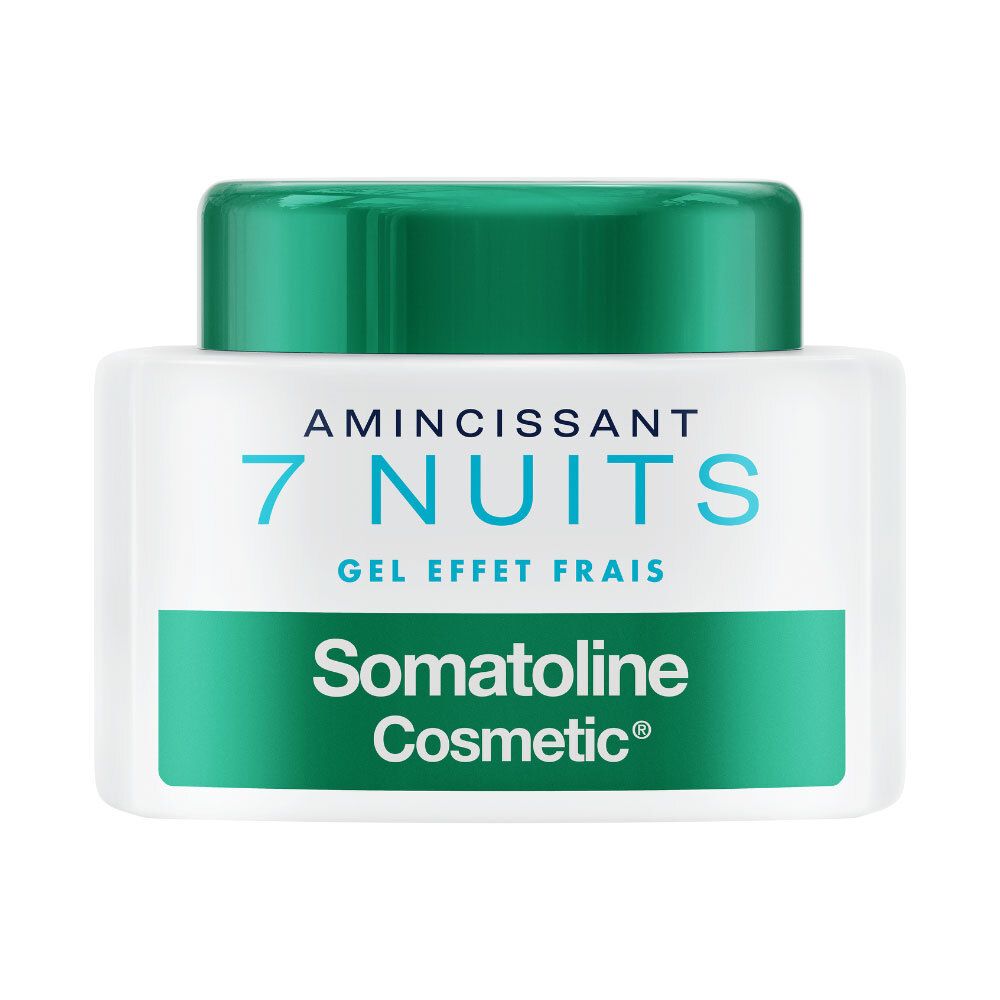 Weißer Tiegel mit grünem Deckel. Aufschrift: Somatoline Cosmetic, 7 Nuits, amincissant, gel frais.