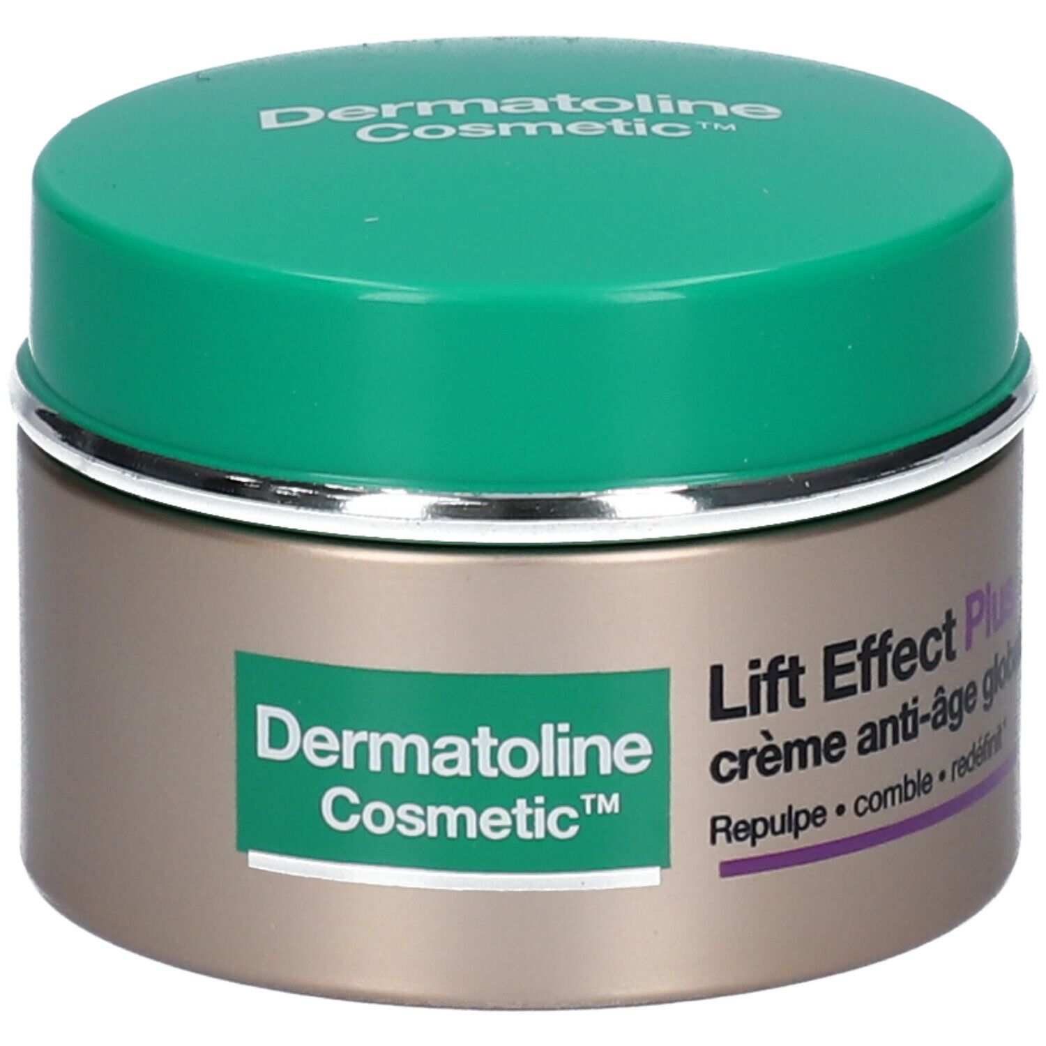 Pot de crème avec couvercle vert et bord argenté. Inscription: Dermatoline Cosmetic, Lift Effect Plus Crème Anti-âge globale.