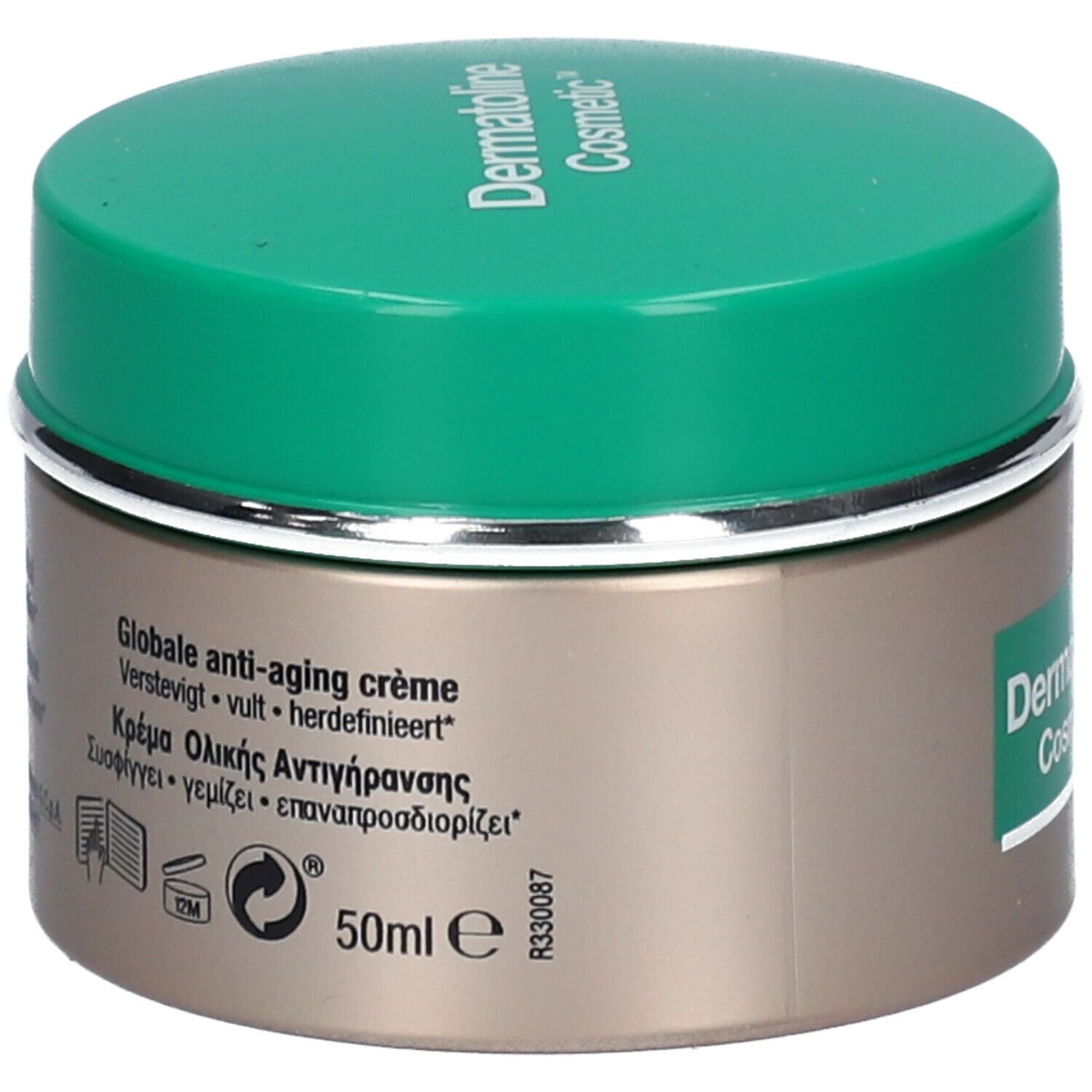 Pot de crème avec couvercle vert et bord argenté. Inscription: Dermatoline Cosmetic. Texte en plusieurs langues.