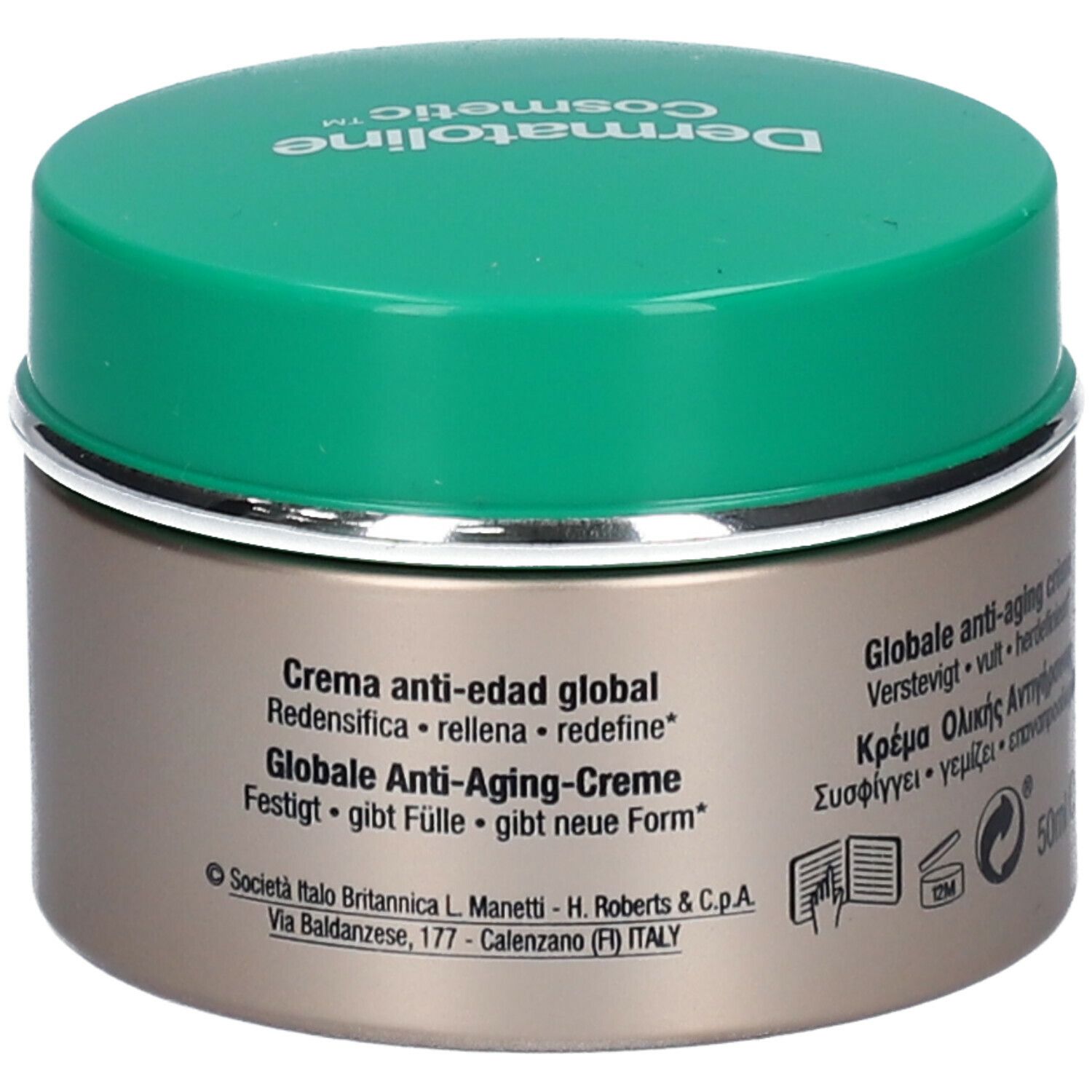 Pot de crème avec couvercle vert et bord argenté. Inscription: Dermatoline Cosmetic. Texte en plusieurs langues.