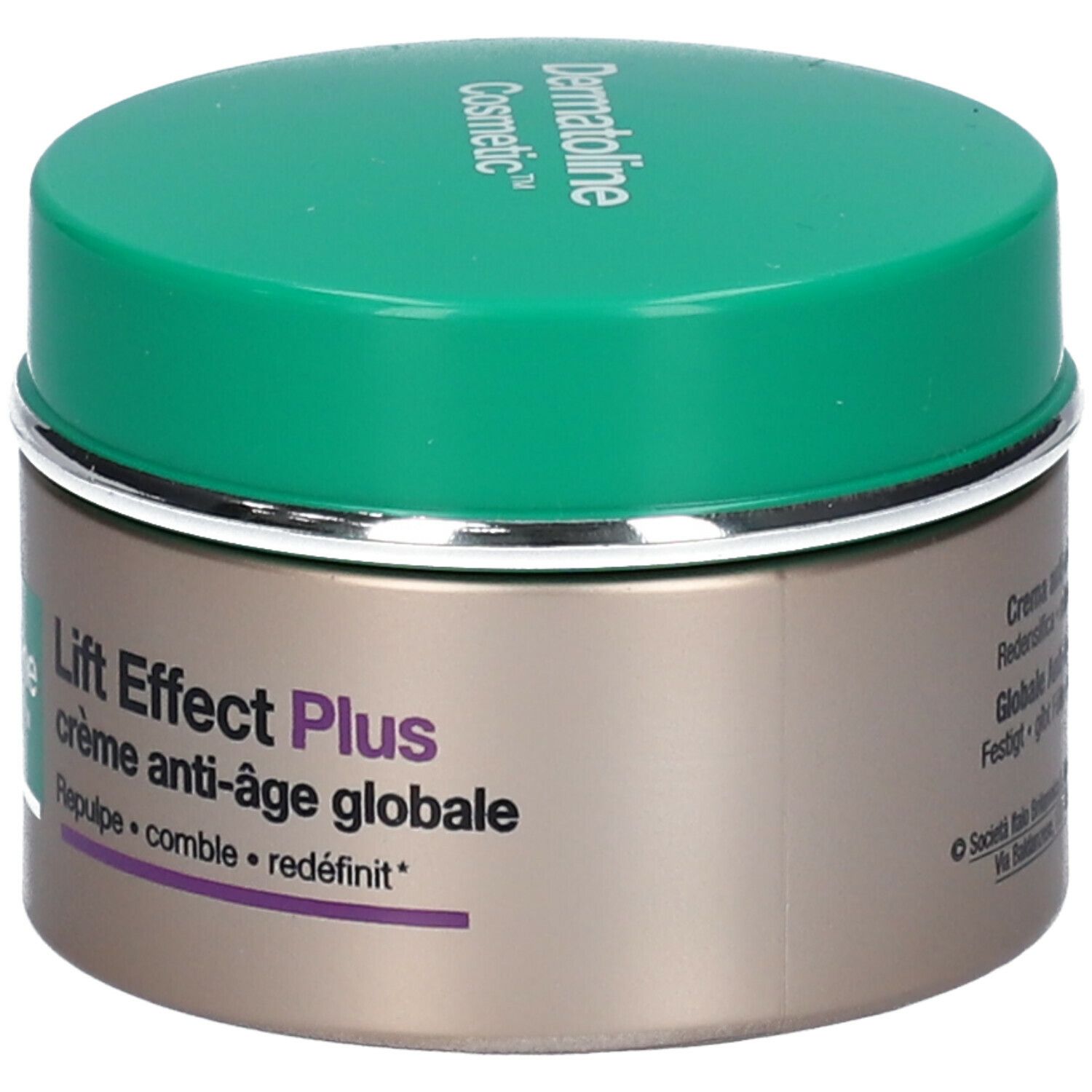 Pot de crème avec couvercle vert et bord argenté. Inscription: Dermatoline Cosmetic, Lift Effect Plus Crème Anti-âge globale.