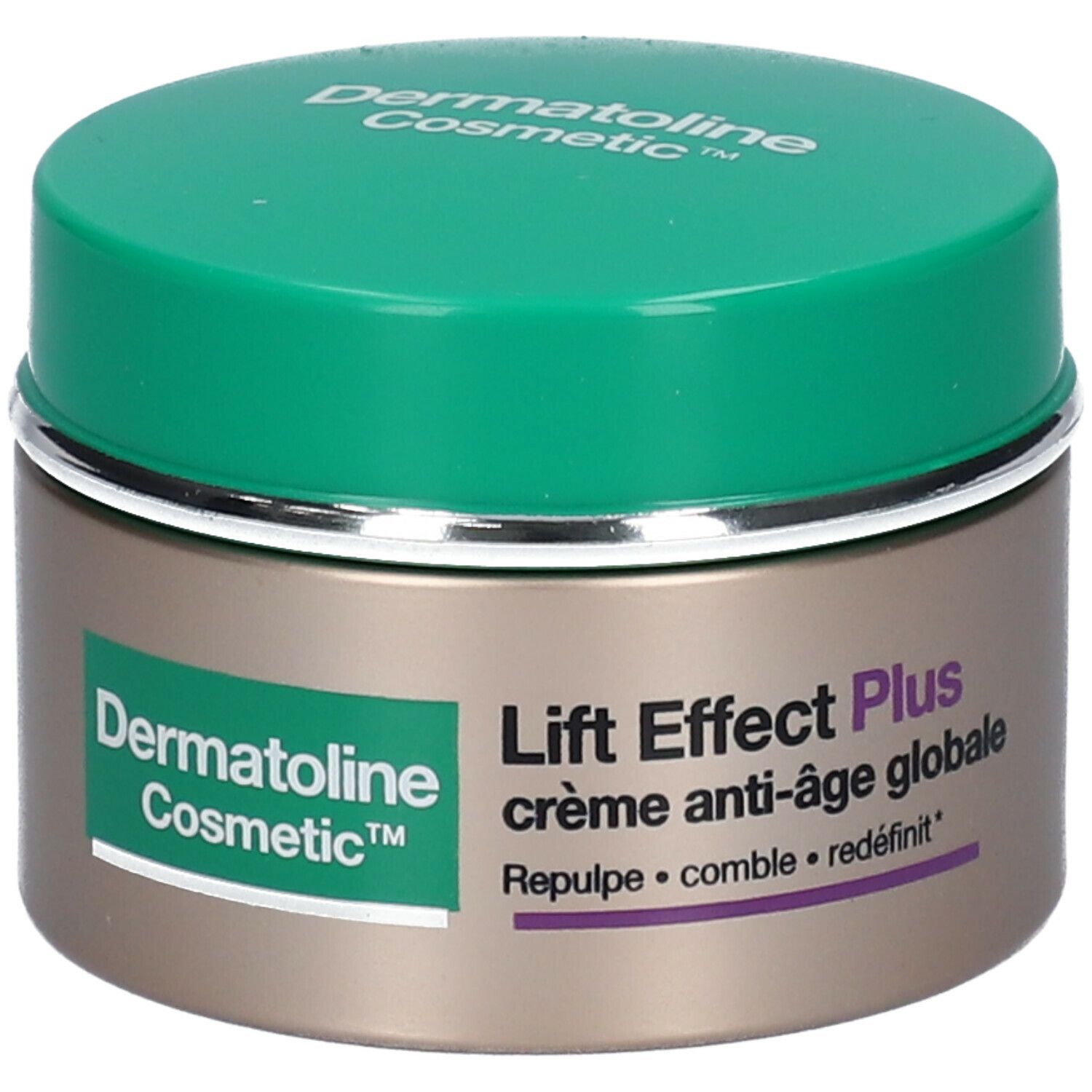 Pot de crème avec couvercle vert et bord argenté. Inscription: Dermatoline Cosmetic, Lift Effect Plus Crème Anti-âge globale.