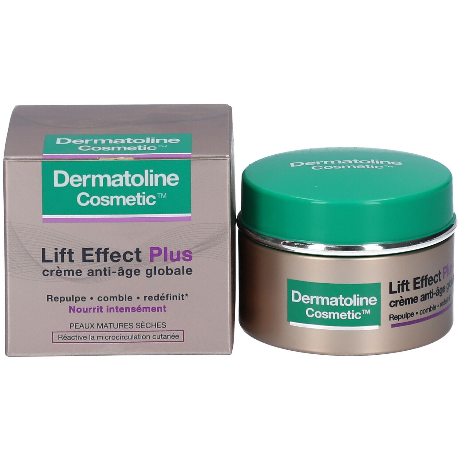 Pot de crème et boîte. Inscription: Dermatoline Cosmetic, Lift Effect Plus Crème Anti-âge globale.