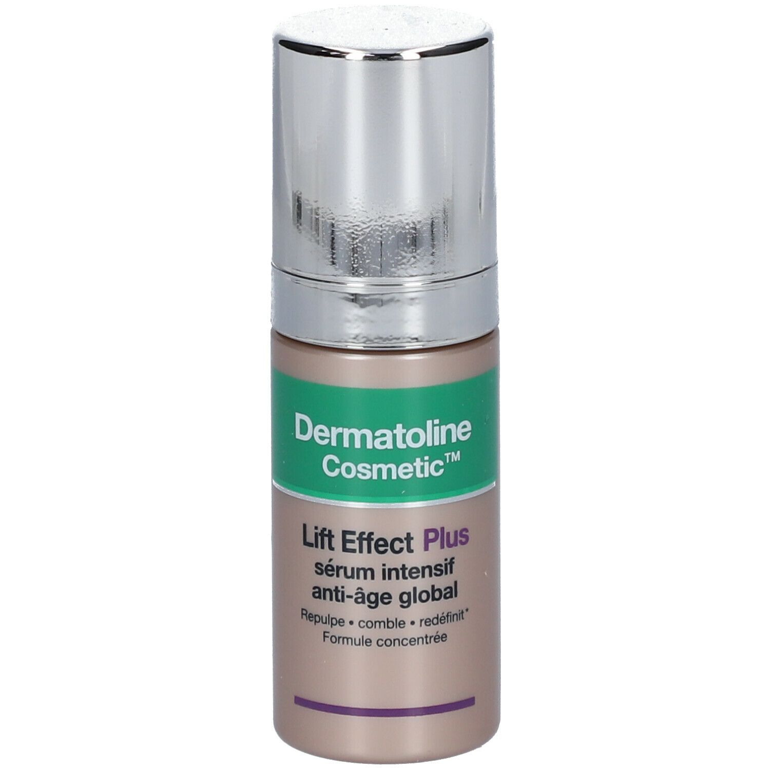 Flacon de sérum avec bouchon argenté. Inscription: Dermatoline Cosmetic, Lift Effect Plus, Sérum Intensif Anti-âge Global.