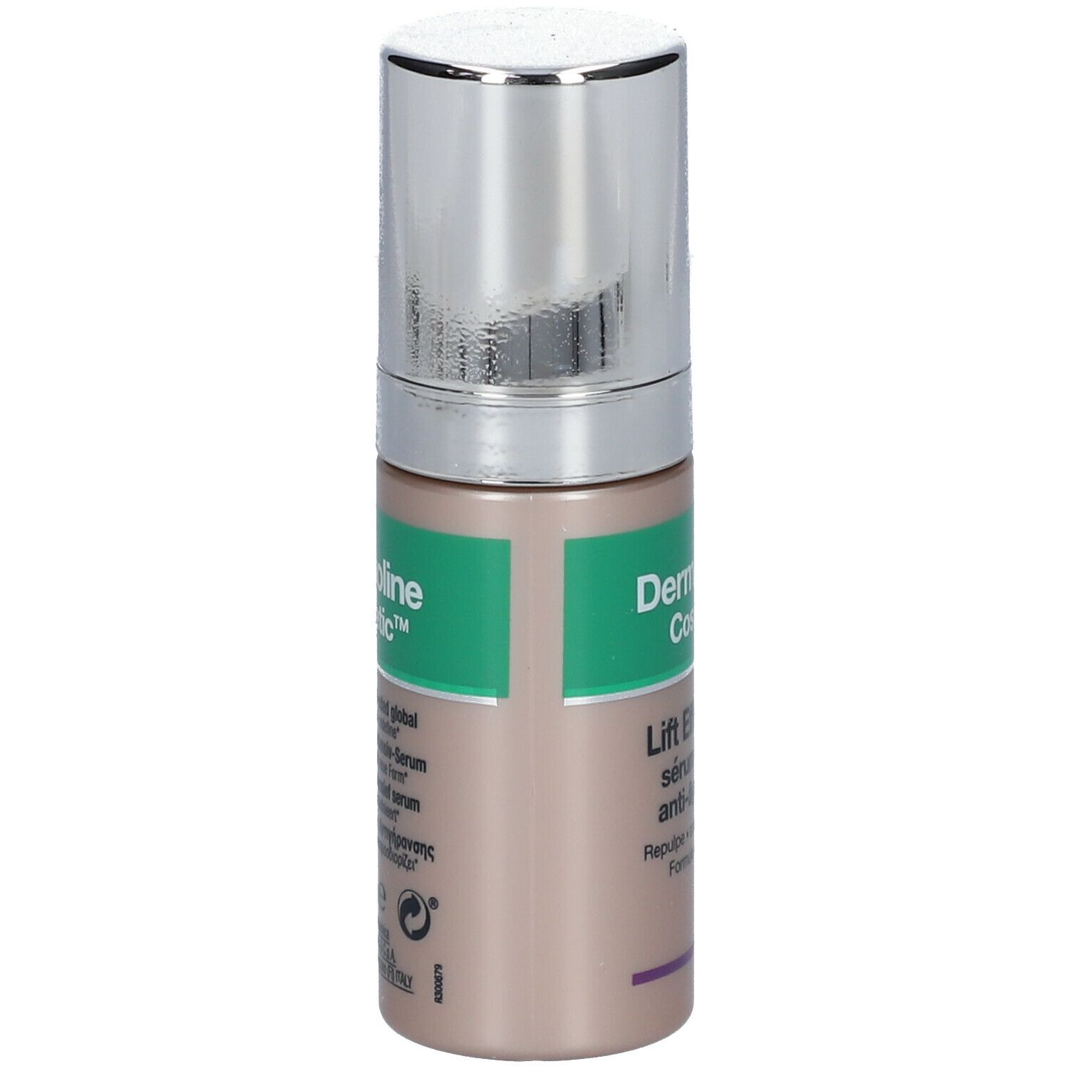 Flacon de sérum avec bouchon argenté. Inscription: Dermatoline Cosmetic, Lift Effect Plus, Sérum Intensif Anti-âge Global.