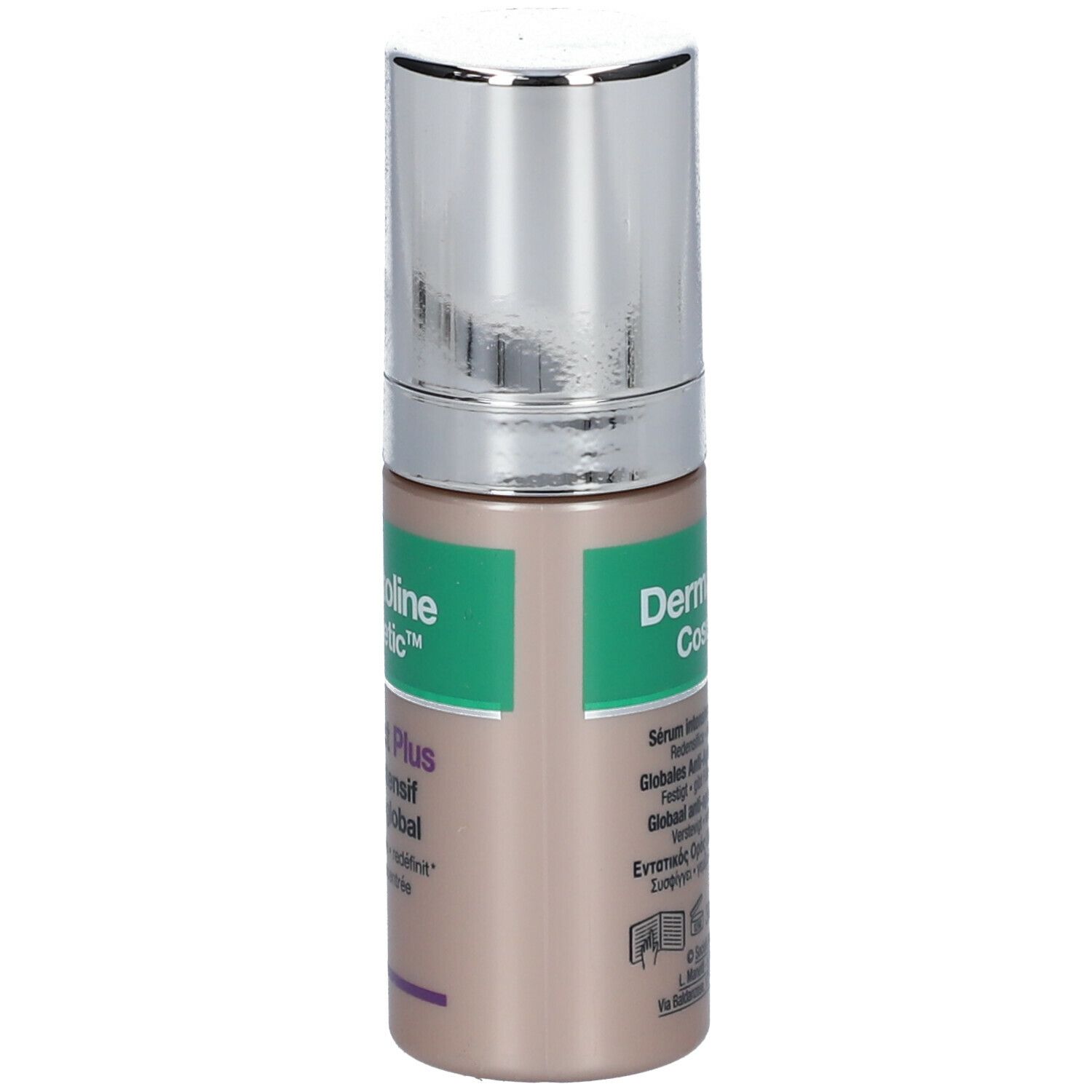Flacon de sérum avec bouchon argenté. Inscription: Dermatoline Cosmetic, Lift Effect Plus, Sérum Intensif Anti-âge Global.