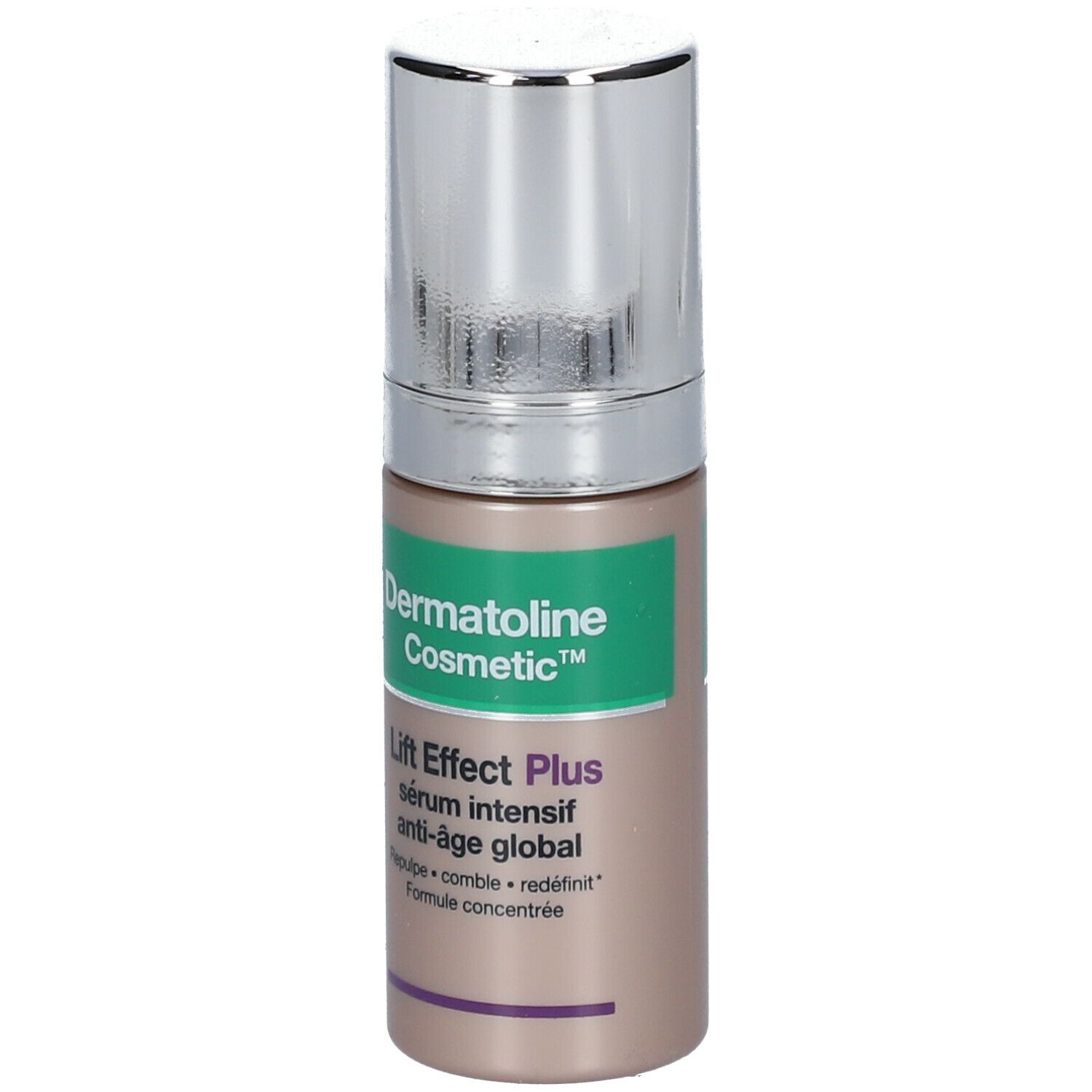 Flacon de sérum avec bouchon argenté. Inscription: Dermatoline Cosmetic, Lift Effect Plus, Sérum Intensif Anti-âge Global.