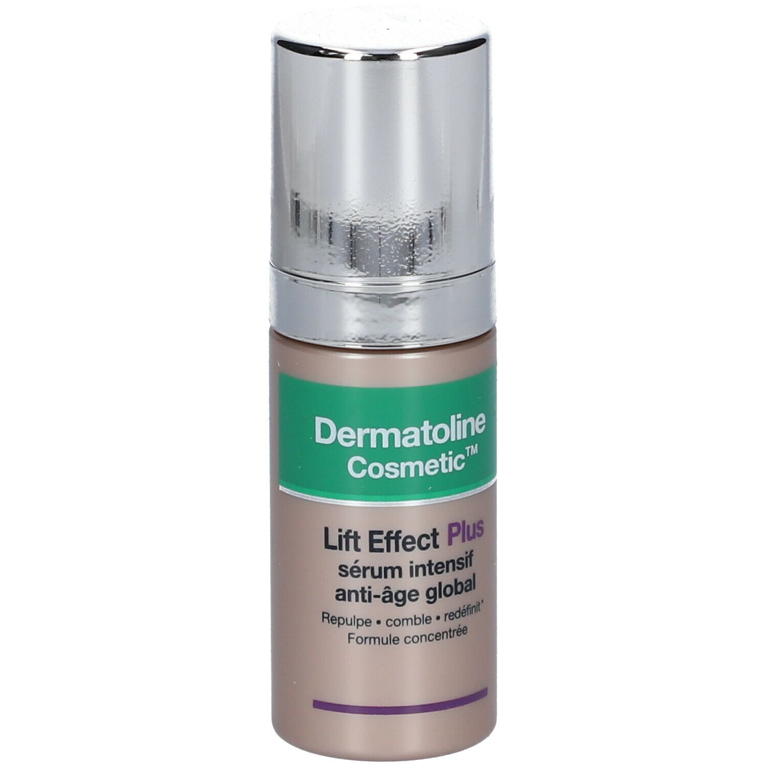 Flacon de sérum avec bouchon argenté. Inscription: Dermatoline Cosmetic, Lift Effect Plus, Sérum Intensif Anti-âge Global.