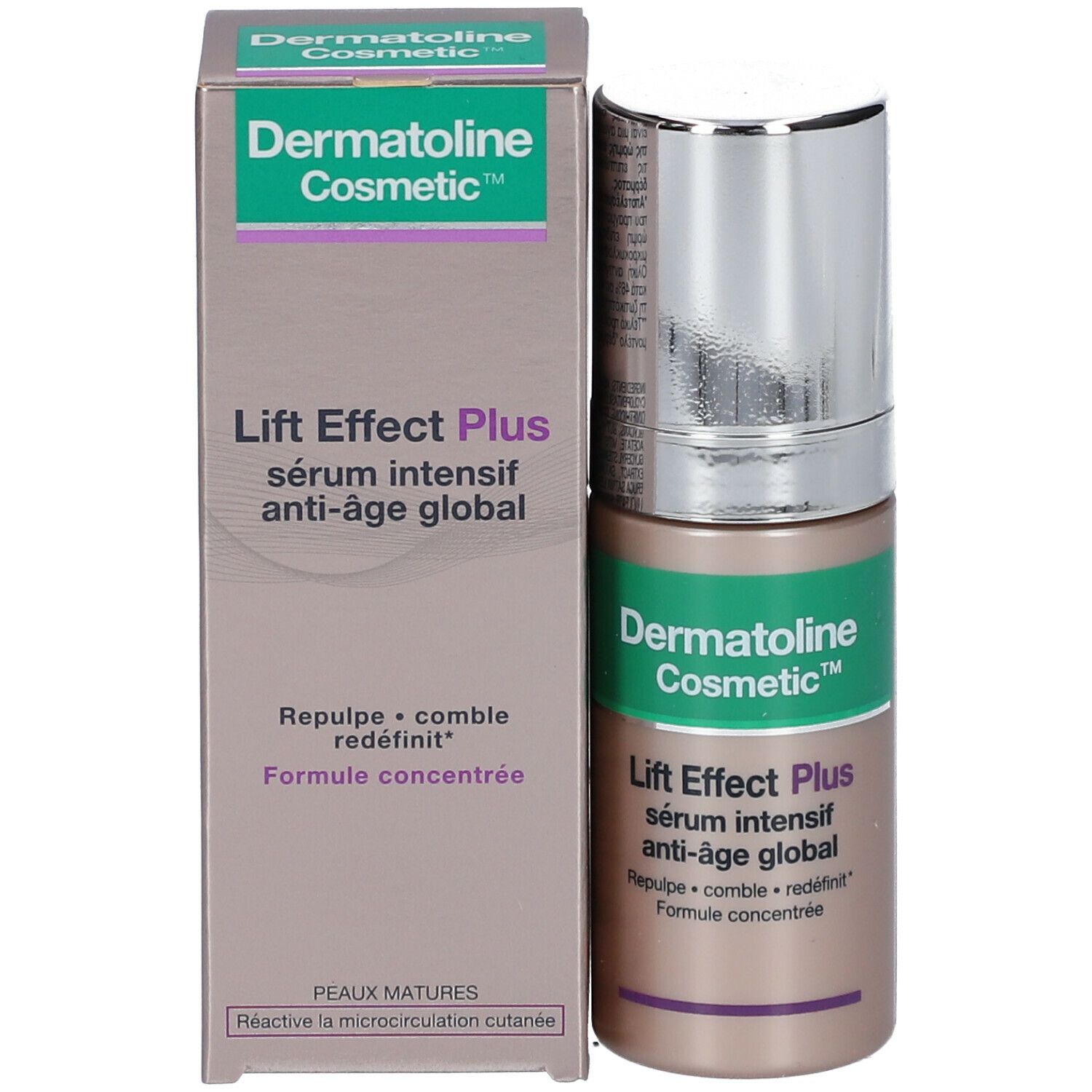 Flacon de sérum et emballage. Inscription: Dermatoline Cosmetic, Lift Effect Plus, Sérum Intensif Anti-âge Global. Emballage: Peaux matures.