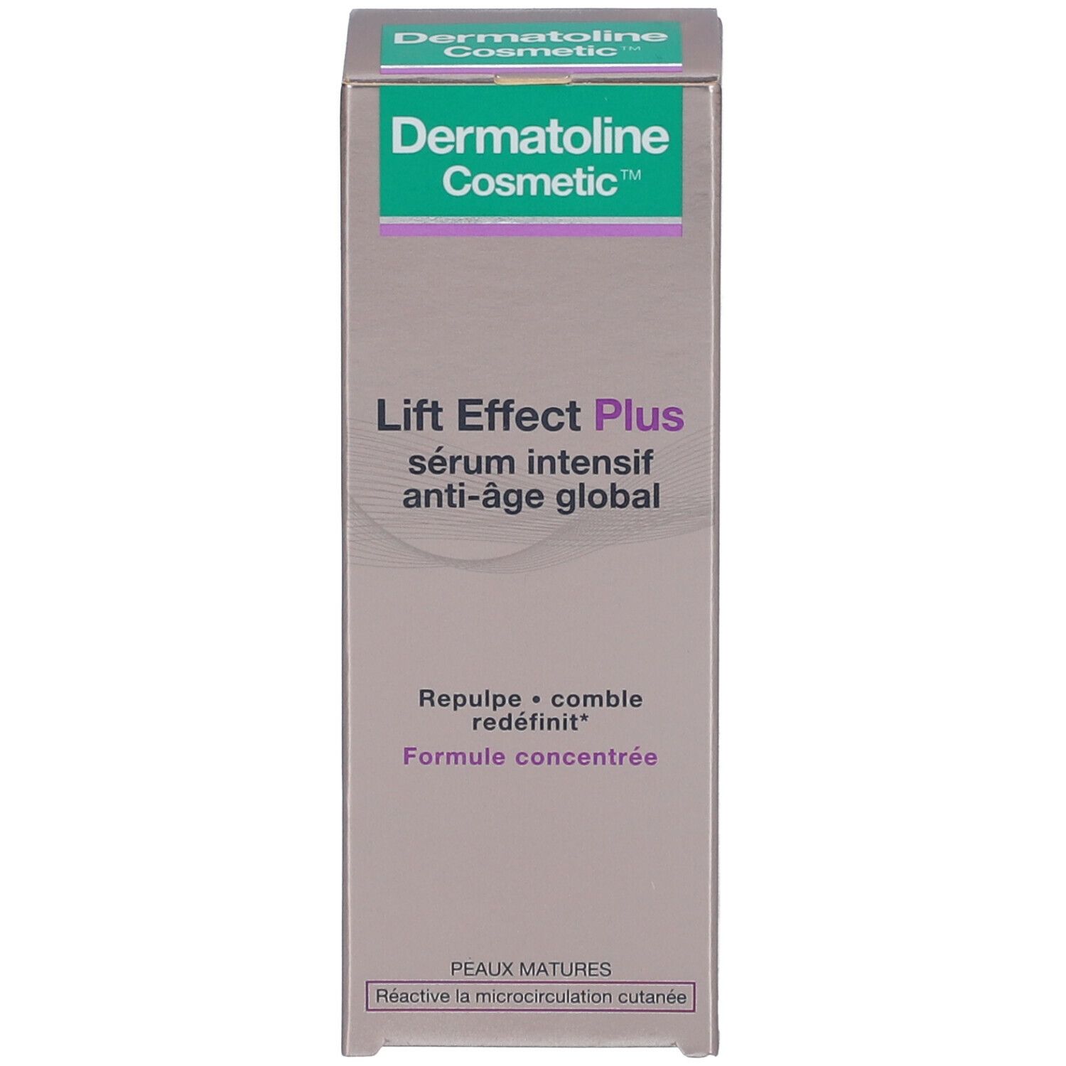 Emballage. Inscription: Dermatoline Cosmetic, Lift Effect Plus, Sérum Intensif Anti-âge Global. Emballage: Peaux matures.