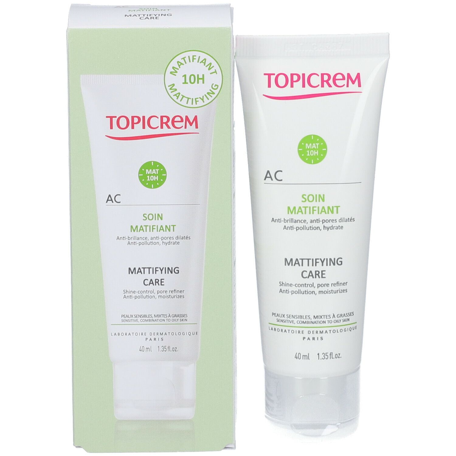 Produit et emballage. Tube blanc et boîte verte. Contient AC Soin Matifiant.