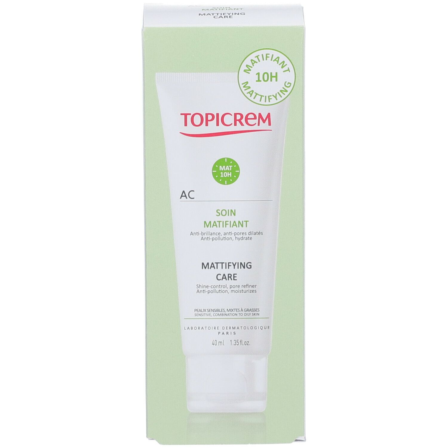 Boîte verte avec tube blanc. Contient AC Soin Matifiant. Marque TOPICREM.