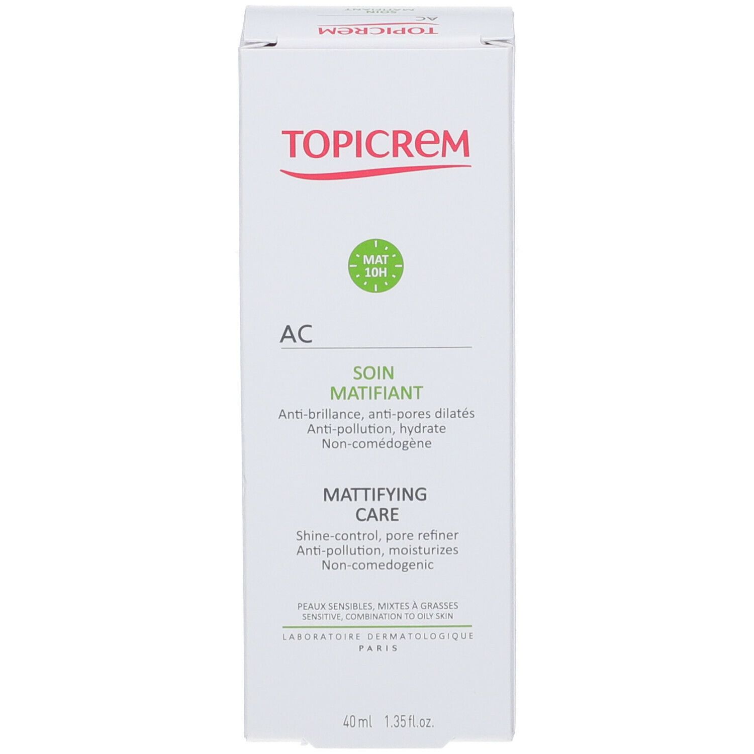 Boîte blanche avec texte rose et vert. Contient AC Soin Matifiant. Marque TOPICREM.