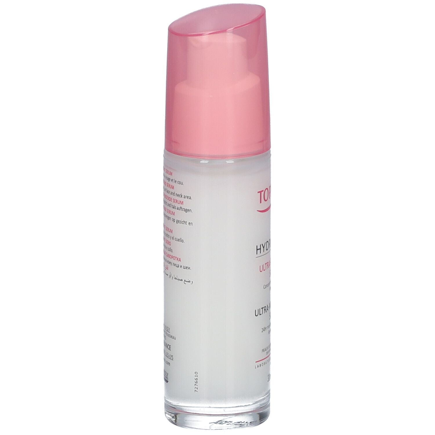 TOPICREM Hydra+ Serum. Weiße Flasche mit rosa Verschluss. Rückseite mit Text und Logos.