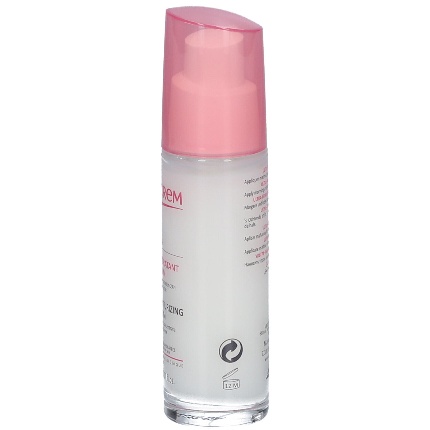 TOPICREM Hydra+ Serum. Weiße Flasche mit rosa Verschluss. Rückseite mit Text und Logos.