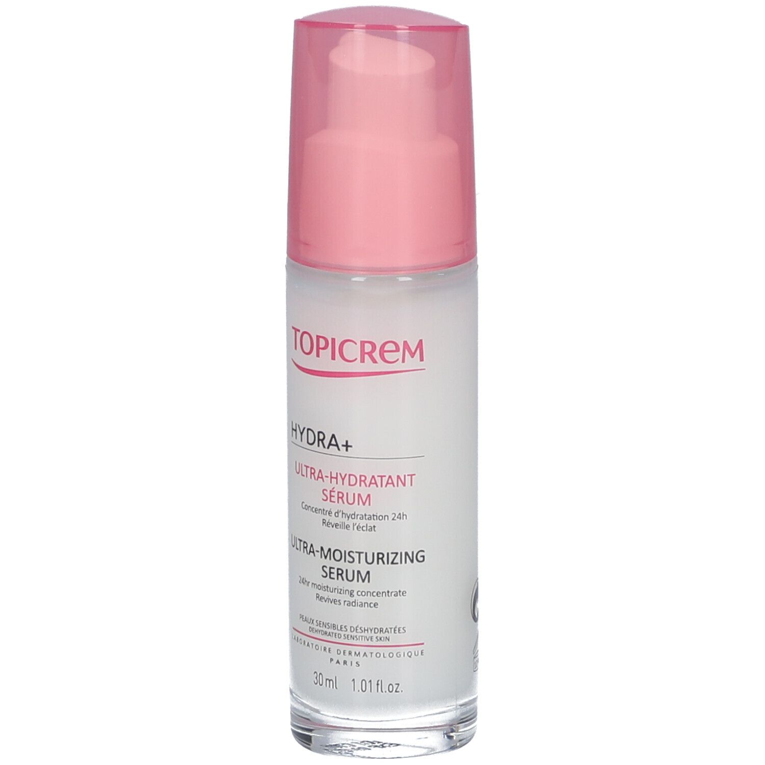 TOPICREM Hydra+ Serum. Weiße Flasche mit rosa Verschluss. Text: Ultra-Hydratant Serum, Ultra-Moisturizing Serum.