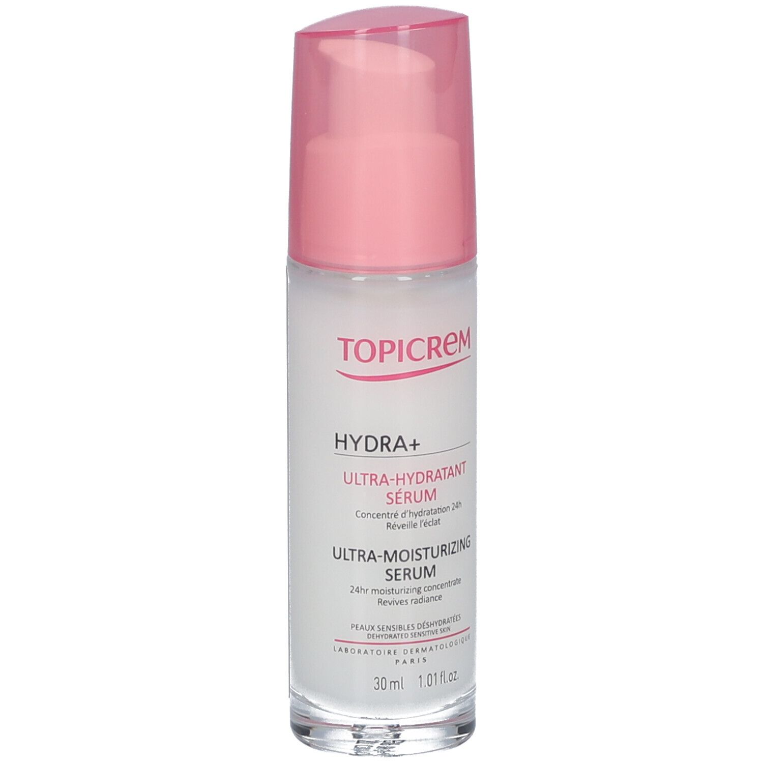 TOPICREM Hydra+ Serum. Weiße Flasche mit rosa Verschluss. Text: Ultra-Hydratant Serum, Ultra-Moisturizing Serum.