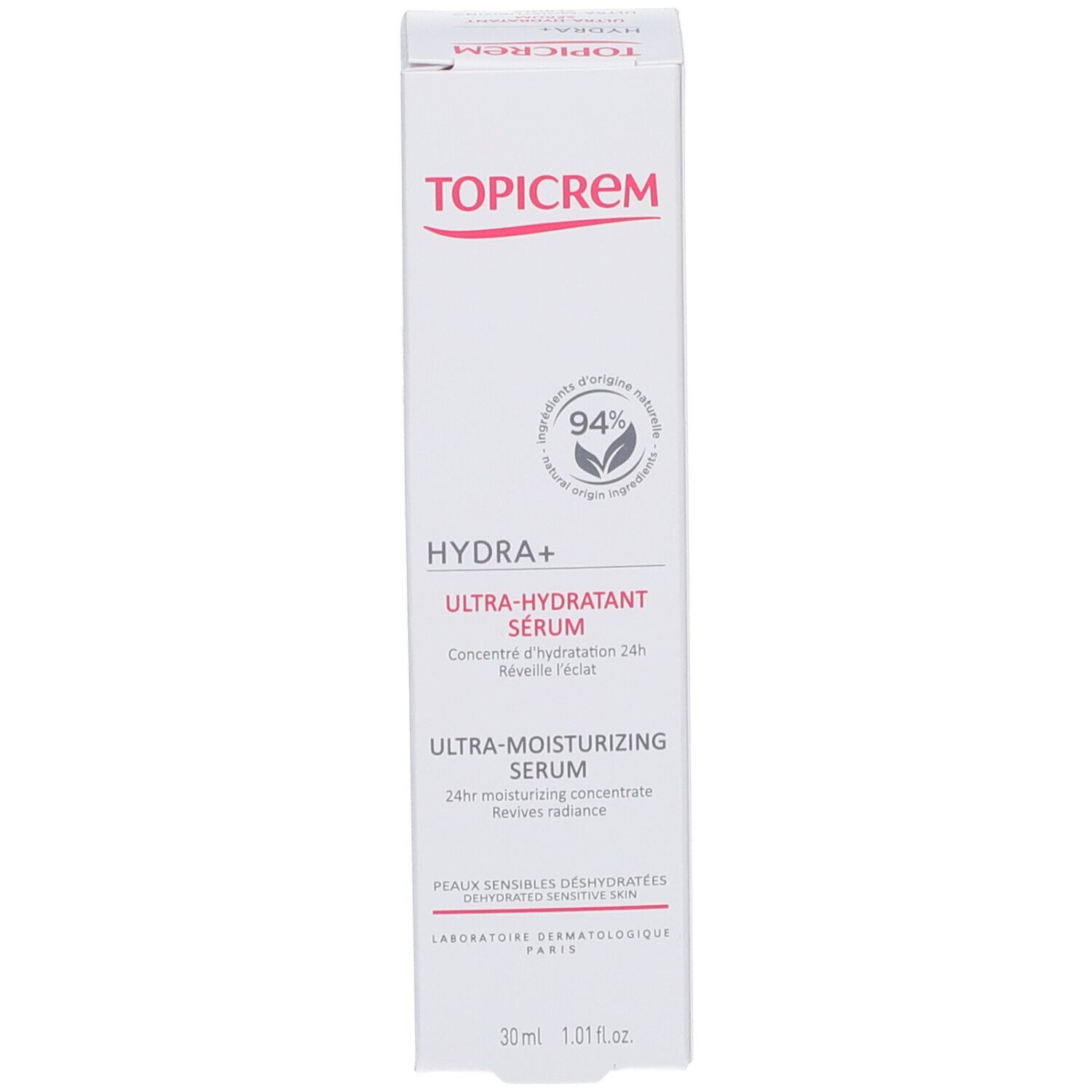 TOPICREM Hydra+ Serum Verpackung. Weiße Schachtel mit Text und Logo.
