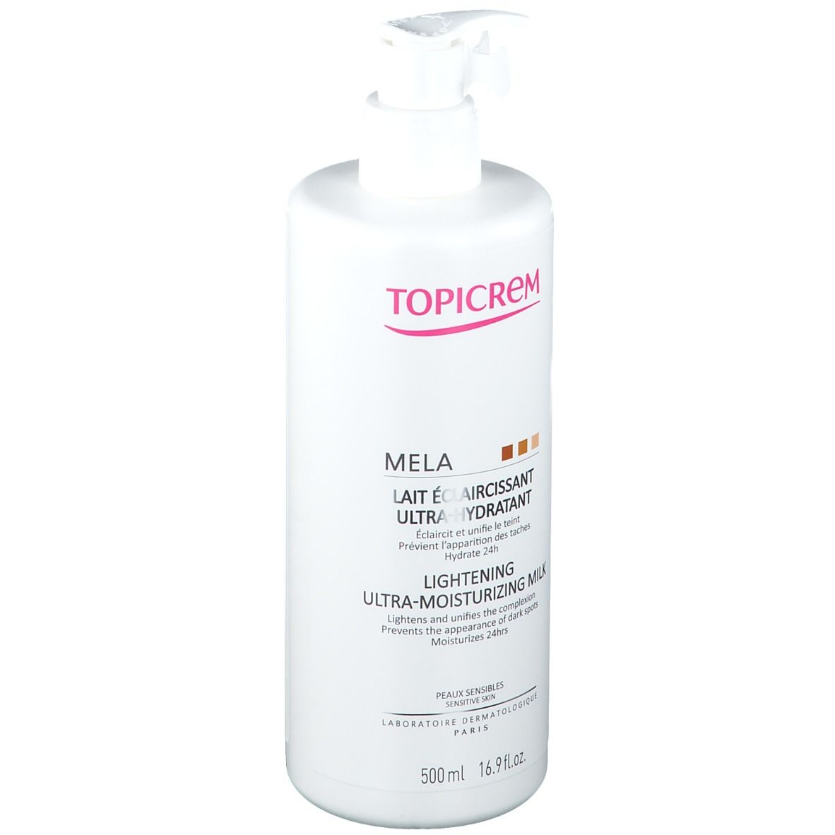 Flacon blanc avec pompe. Inscription TOPICREM MELA, Lait éclaircissant ultra-hydratant. 500ml.