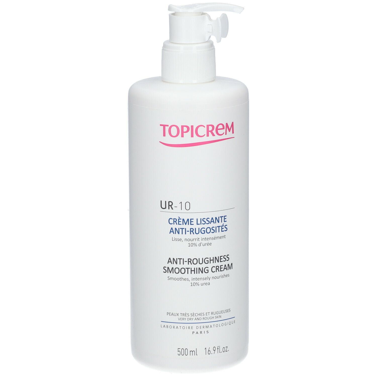 Flacon blanc avec pompe. Inscription TOPICREM, UR-10, Crème Lissante Anti-Rugosités. Anti-Roughness Smoothing Cream. 500 ml.