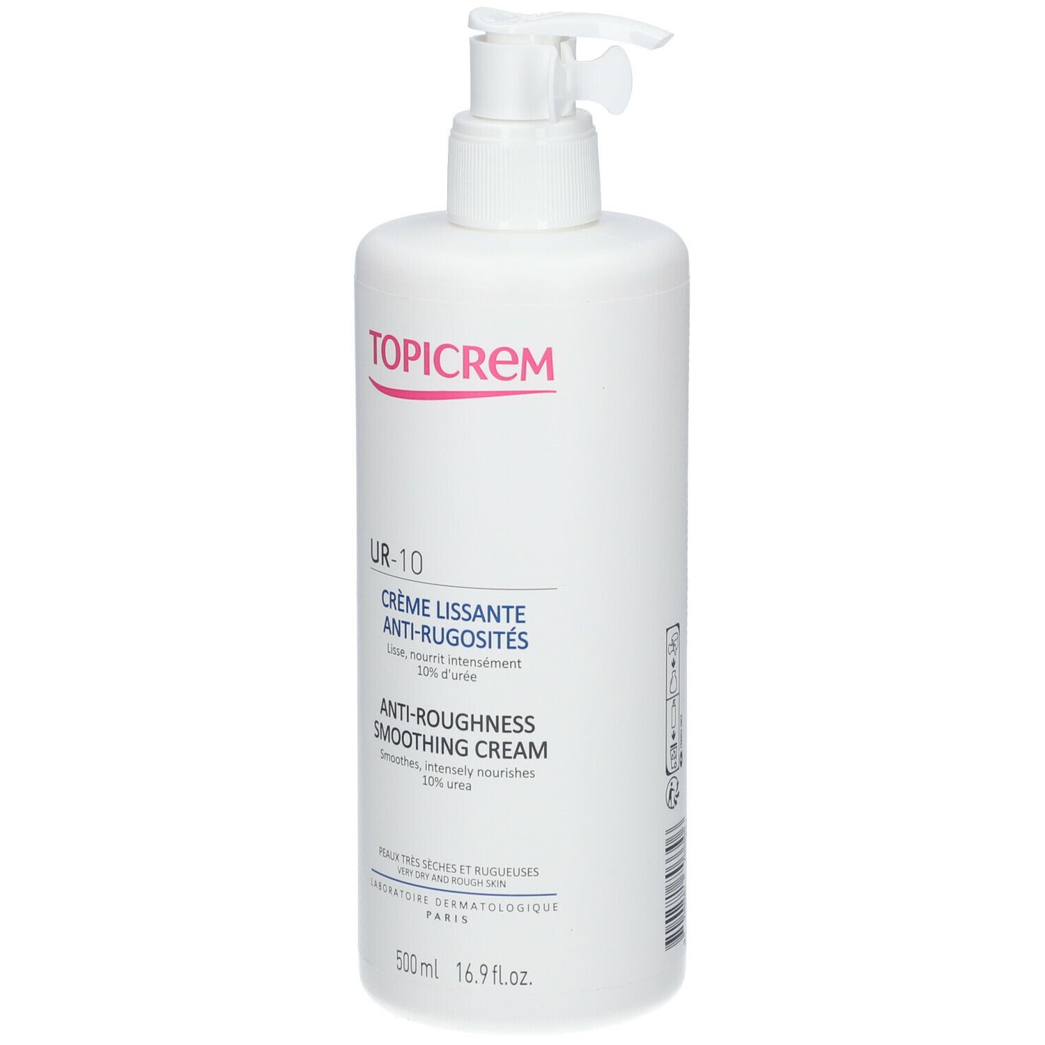 Flacon blanc avec pompe. Inscription TOPICREM, UR-10, Crème Lissante Anti-Rugosités. Anti-Roughness Smoothing Cream. 500 ml.