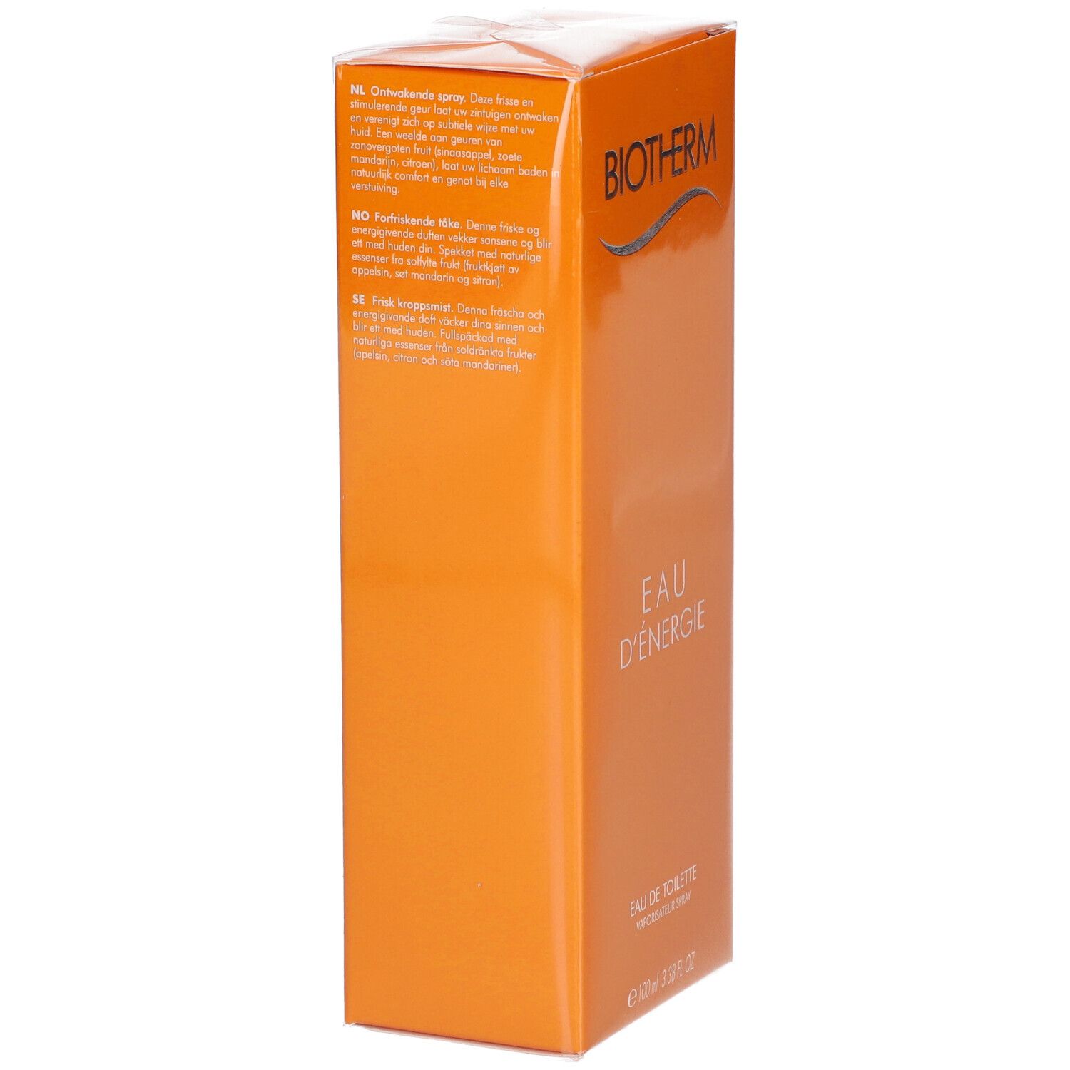 BIOTHERM Eau d'Energie Spray. Orangefarbene Verpackung. Text auf der Seite. Eau de Toilette.